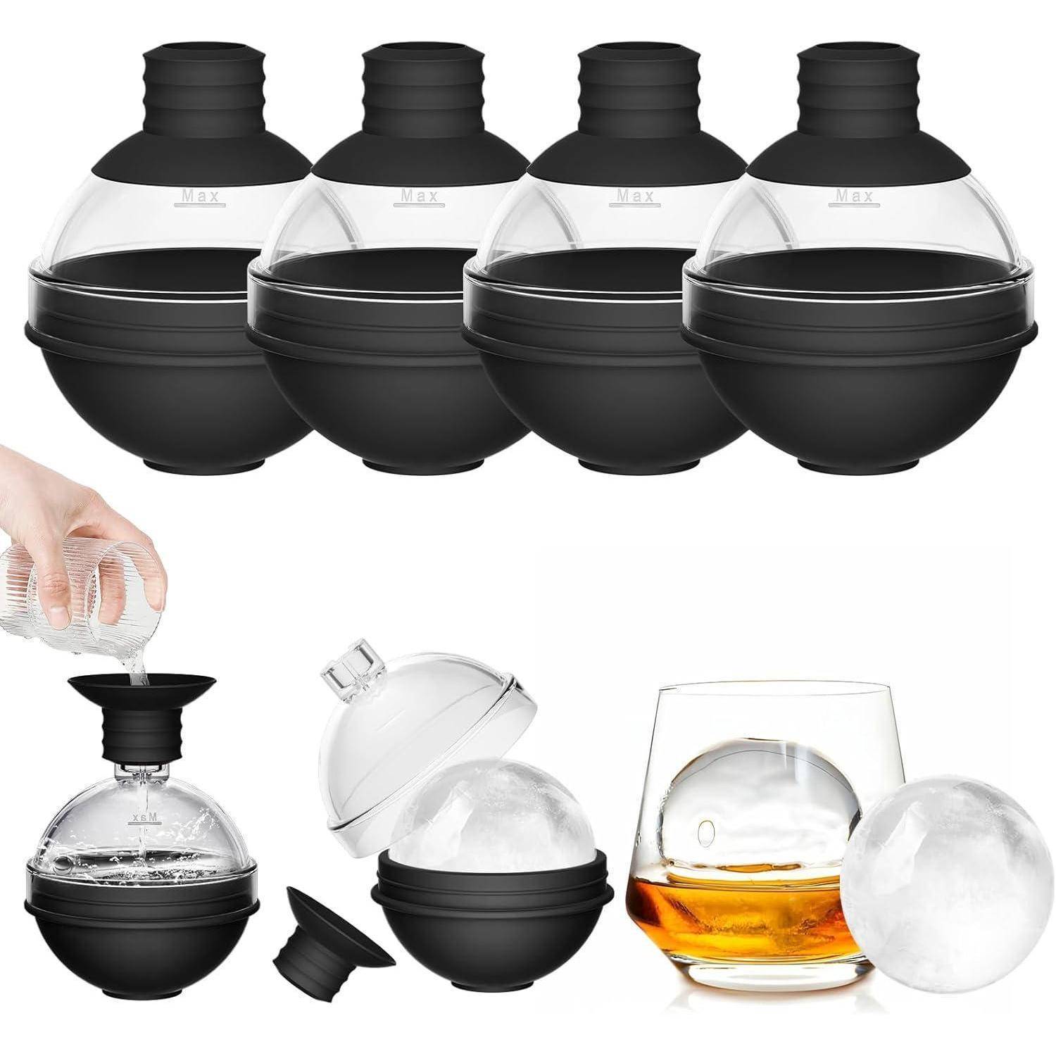 Eisformen und Whiskygläser; zeigt den Prozess der Herstellung von runden Eiskugeln und deren Verwendung in Getränken.