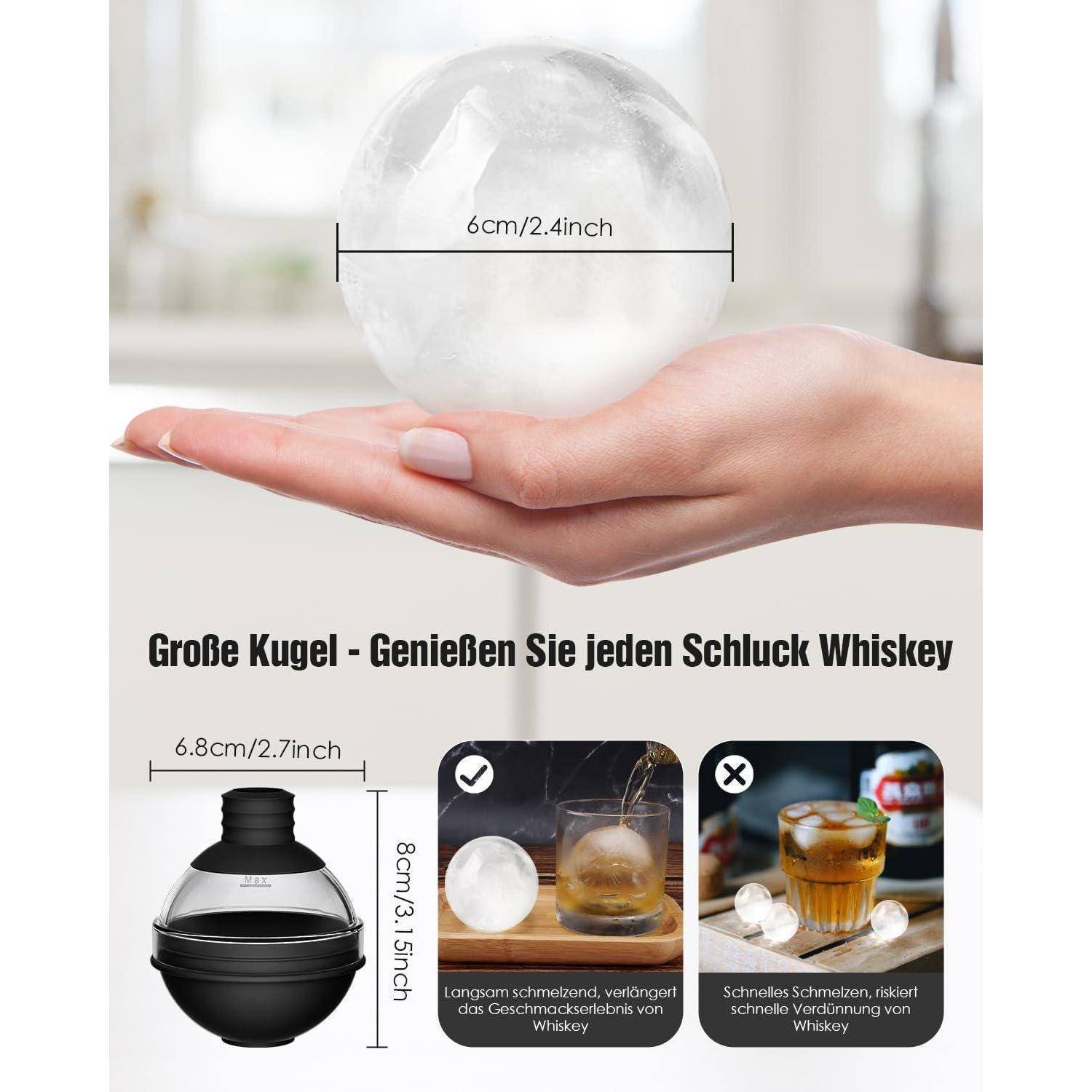 Eine Hand hält eine große Eiskugel von 6 cm/2,4 Zoll über einem Whiskyglas. Der Text auf Deutsch erläutert das langsame Schmelzen und das verbesserte Whiskeyaroma.