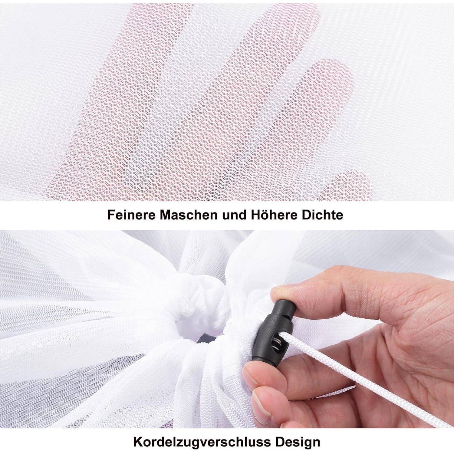 Eine Hand demonstriert das feine Maschennetz und die hohe Dichte eines Netzes. Eine andere Hand zeigt ein Kordelsperrdesign am Netz.