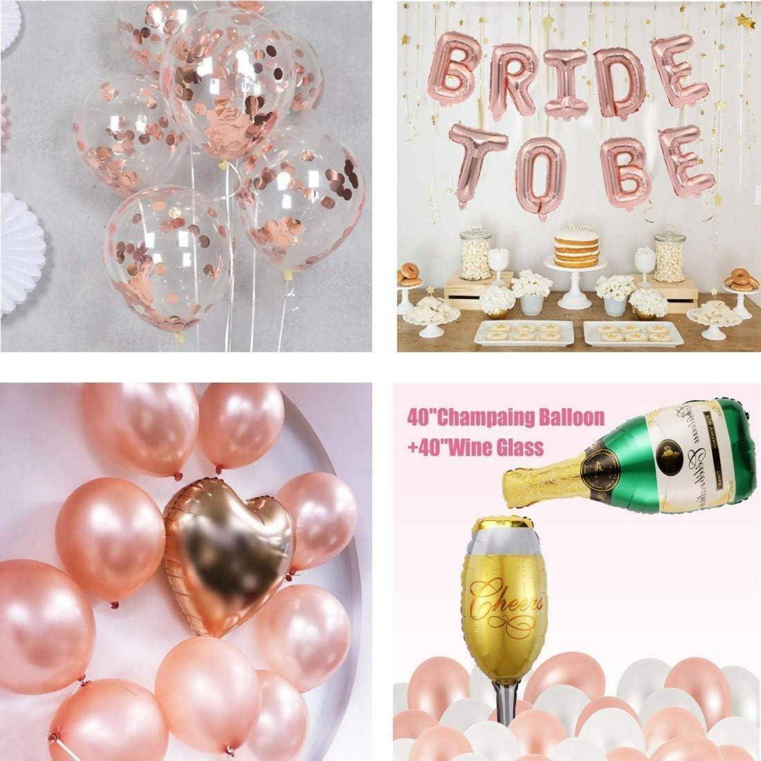 Dekorationen für die 'Braut to Be'-Party mit rosa Luftballons, festlicher Tischdekoration und champagner-thematischen dekorativen Elementen.