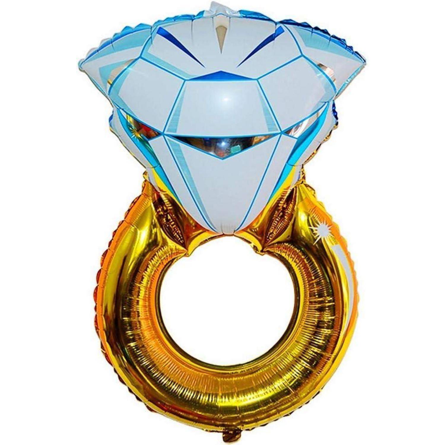 Ein Luftballon in Form eines Diamantrings, mit einem weißen Diamanten an der Spitze und einem goldenen Band am unteren Ende. Ideal für Feierlichkeiten.