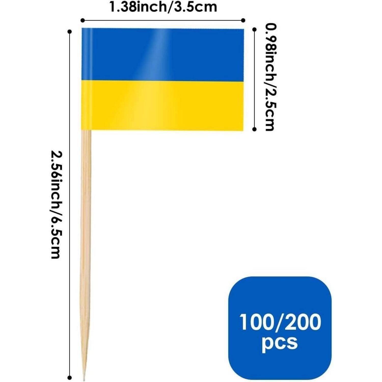 Kleine Zahnstocherflagge der Ukraine, misst 3,5 cm x 2,5 cm, mit Verpackungsaufschrift '100/200 Stück'.