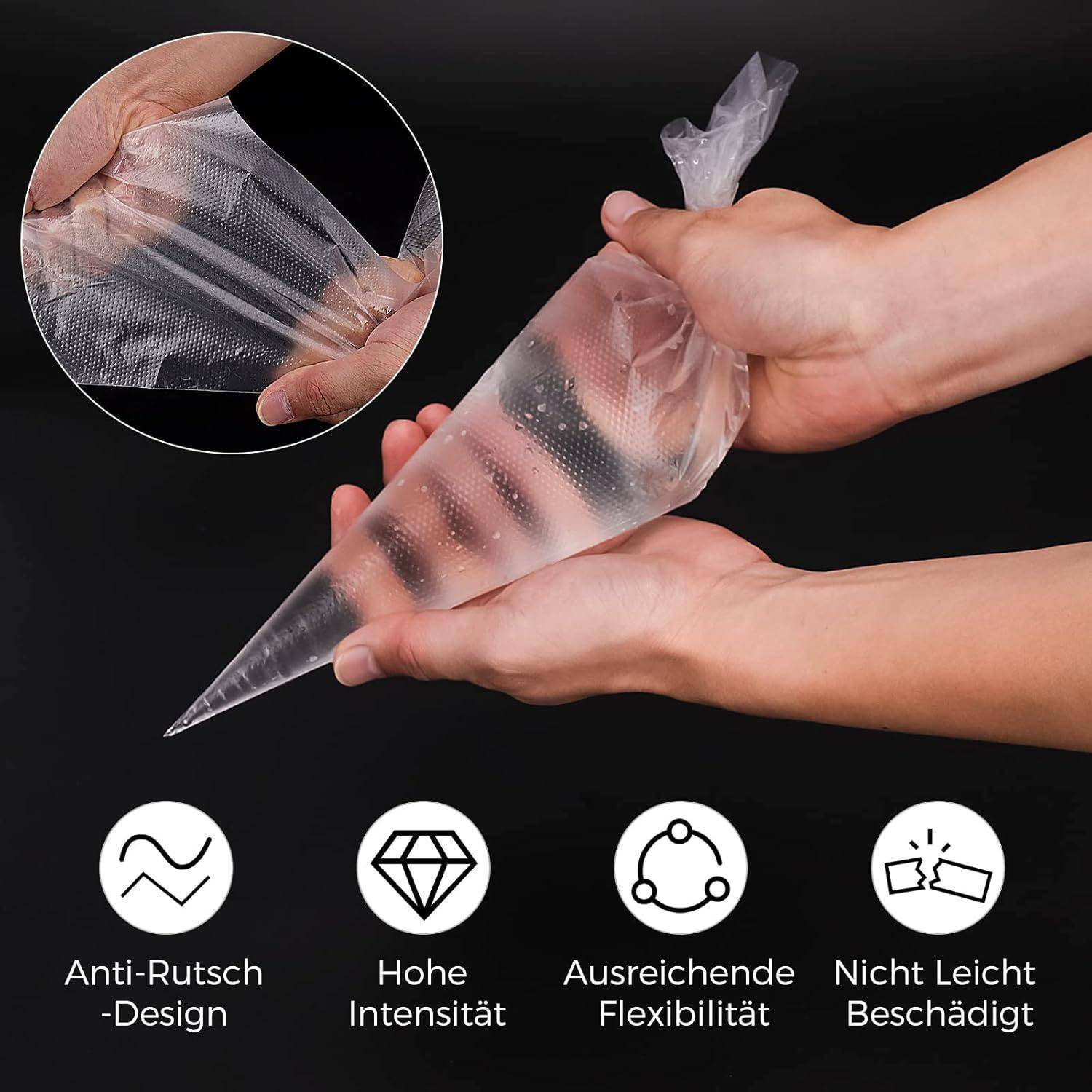 Zwei Hände halten einen Spritzbeutel; er ist transparent mit einer punktierten Textur. Darunter befinden sich Symbole mit deutscher Beschriftung: 'Anti-Rutsch-Design', 'Hohe Intensität', 'Ausreichende Flexibilität', 'Nicht Leicht Beschädigt'.