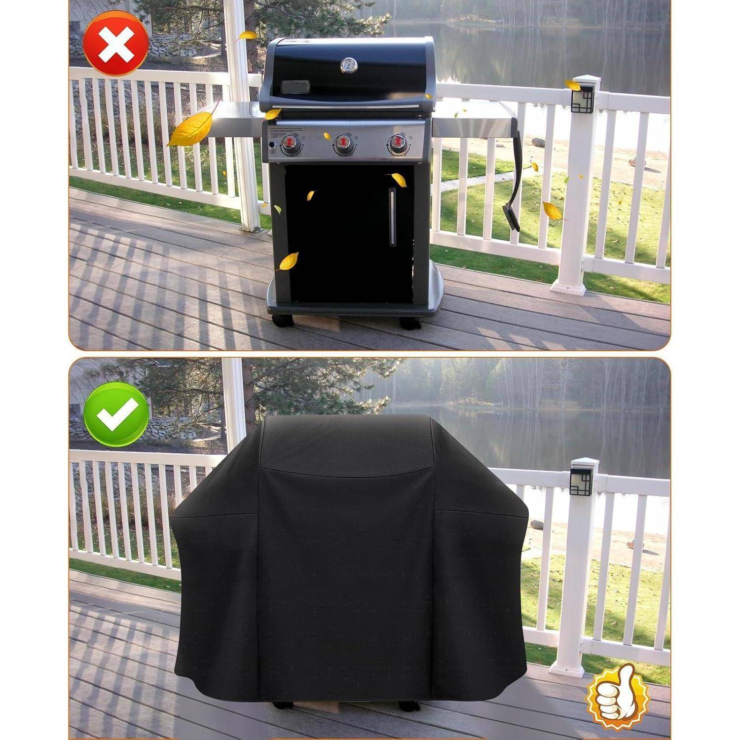Oberes Bild: Offener Grill mit Blättern drumherum. Unteres Bild: Grill mit schwarzer Abdeckung. Häkchen und Daumen hoch zeigen Freigabe an.