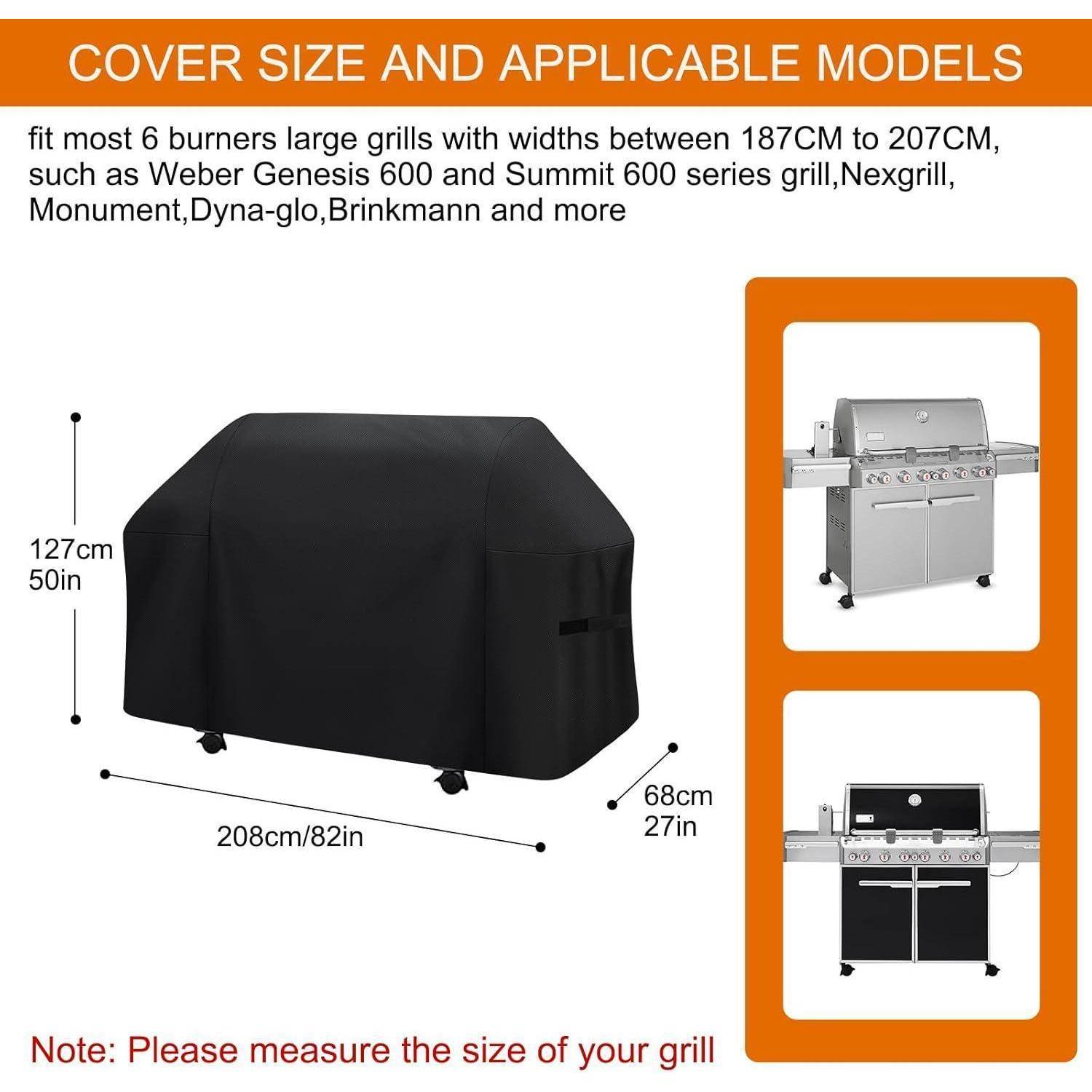 Abdeckung für große Grills, passend für Modelle von 187cm bis 207cm. Zeigt Grill abgedeckt. Abmessungen: 208cm x 127cm x 68cm. Grillgröße überprüfen.
