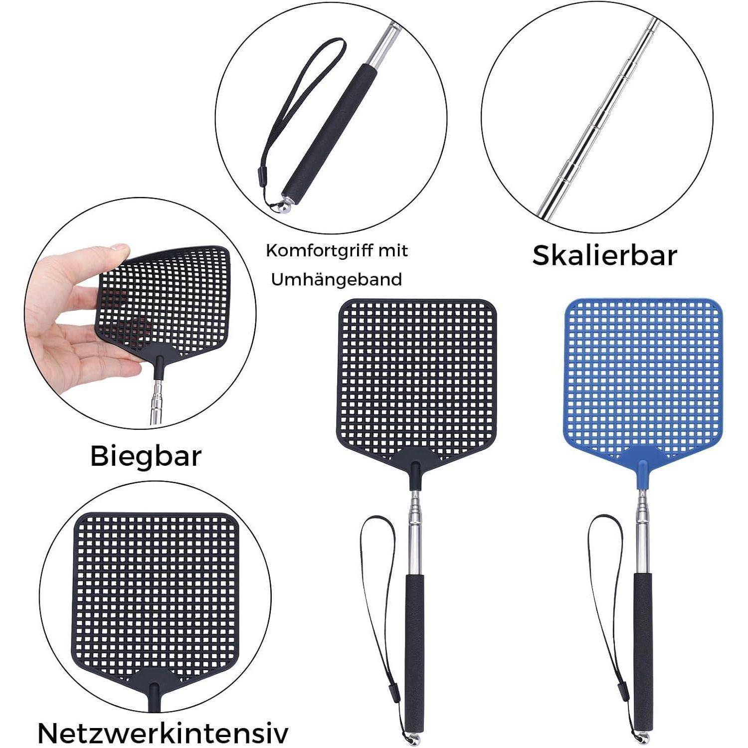 Ausziehbare Fliegenklatsche mit flexiblem Netzdesign und bequemem Griff, ausgestattet mit einem Handgelenkband. Beschriftet mit 'Biegbar', 'Skalierbar', 'Netzwerkintensiv'.