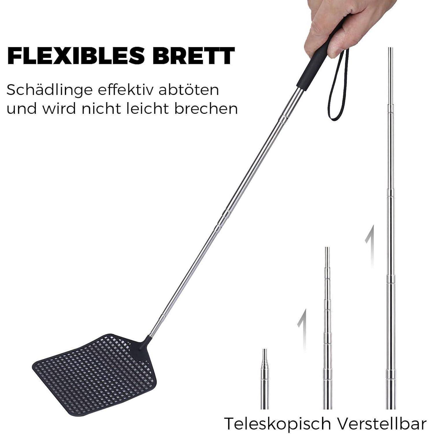 Teleskop-Fliegenklatsche mit flexiblem Kopf. Eine Hand hält den Griff. Text lautet: 'Flexibles Brett: Schädlinge effektiv abtöten und wird nicht leicht brechen.