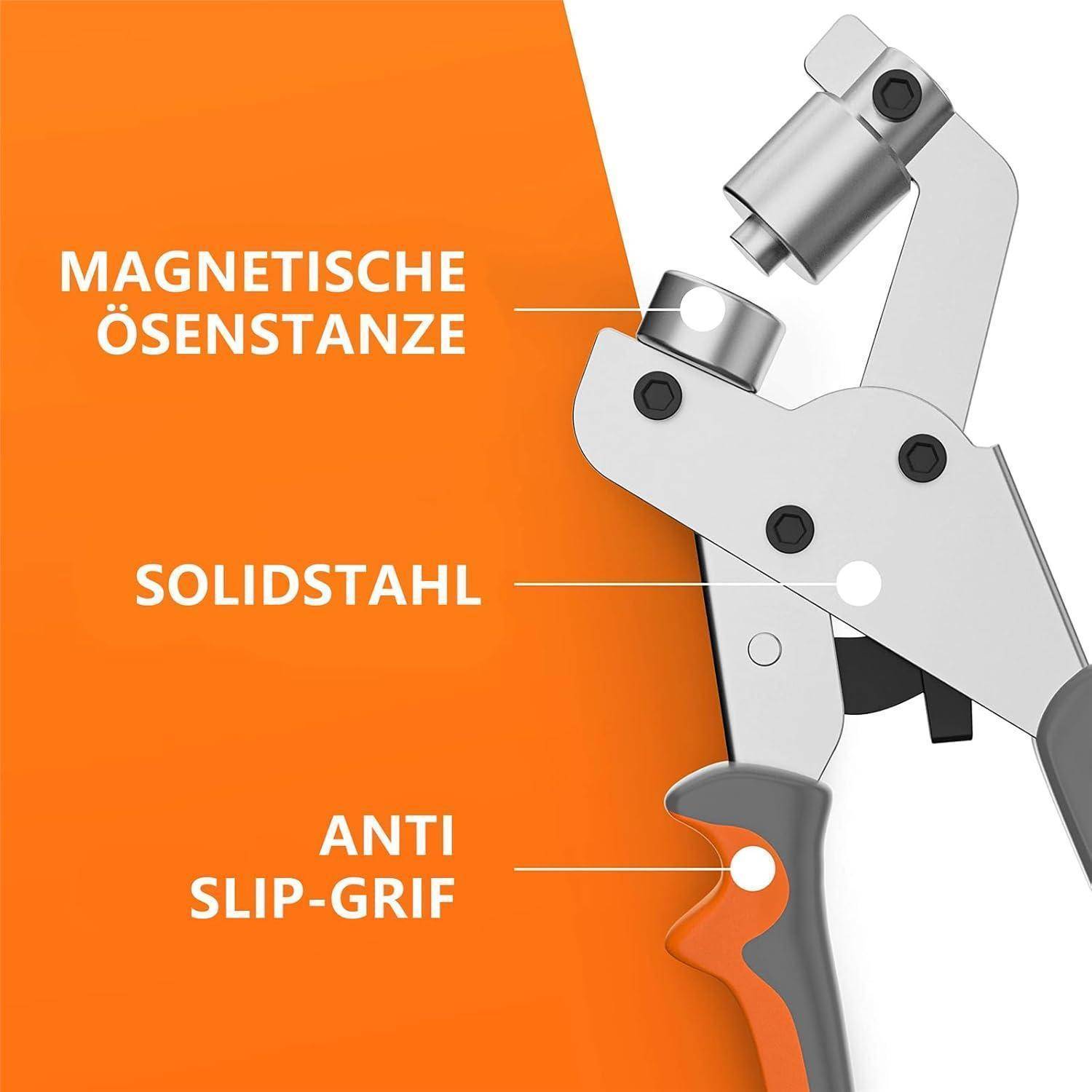 Ein Metalltool mit orangefarbenem Griff und Textangaben: 'Magnetische Ösenstanze', 'Solidstahl' und 'Anti-Rutsch-Griff'.