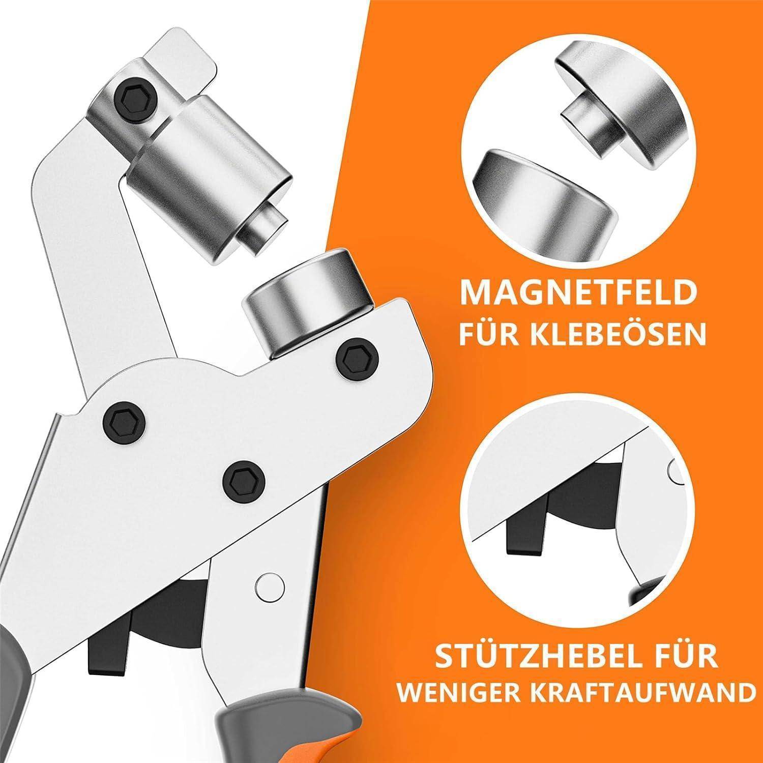 Eine Nahaufnahme eines mechanischen Werkzeugs mit Metallteilen. Text liest sich: 'Magnetfeld für Klebeösen' und 'Stützhebel für weniger Kraftaufwand.