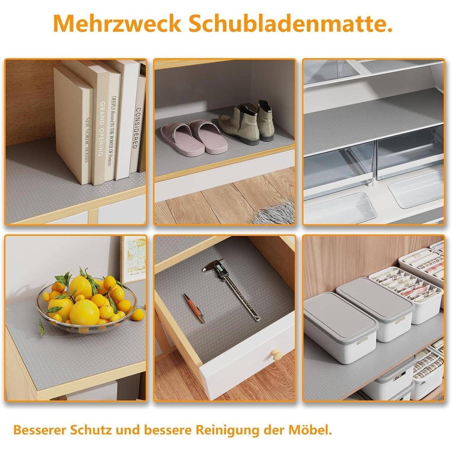 Bild zeigt einen multifunktionalen Schubladeneinleger, der zum Organisieren verschiedener Gegenstände wie Bücher, Schuhe, Obst, Werkzeuge und Aufbewahrungsbehälter in Regalen verwendet wird.