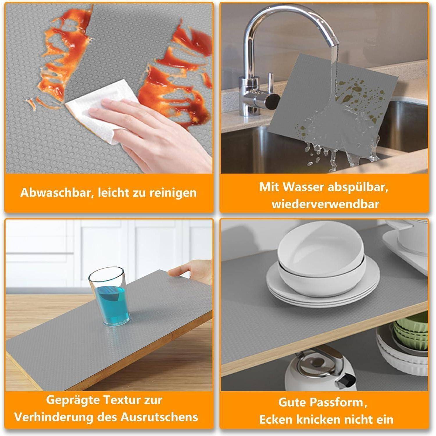 Vier Bilder, die Abtropfmatten in der Küche zeigen. Oben links: Sauce abwischen, oben rechts: Unter dem Wasserhahn ausspülen, unten links: Glas aufrecht, unten rechts: Geschirr stabil.