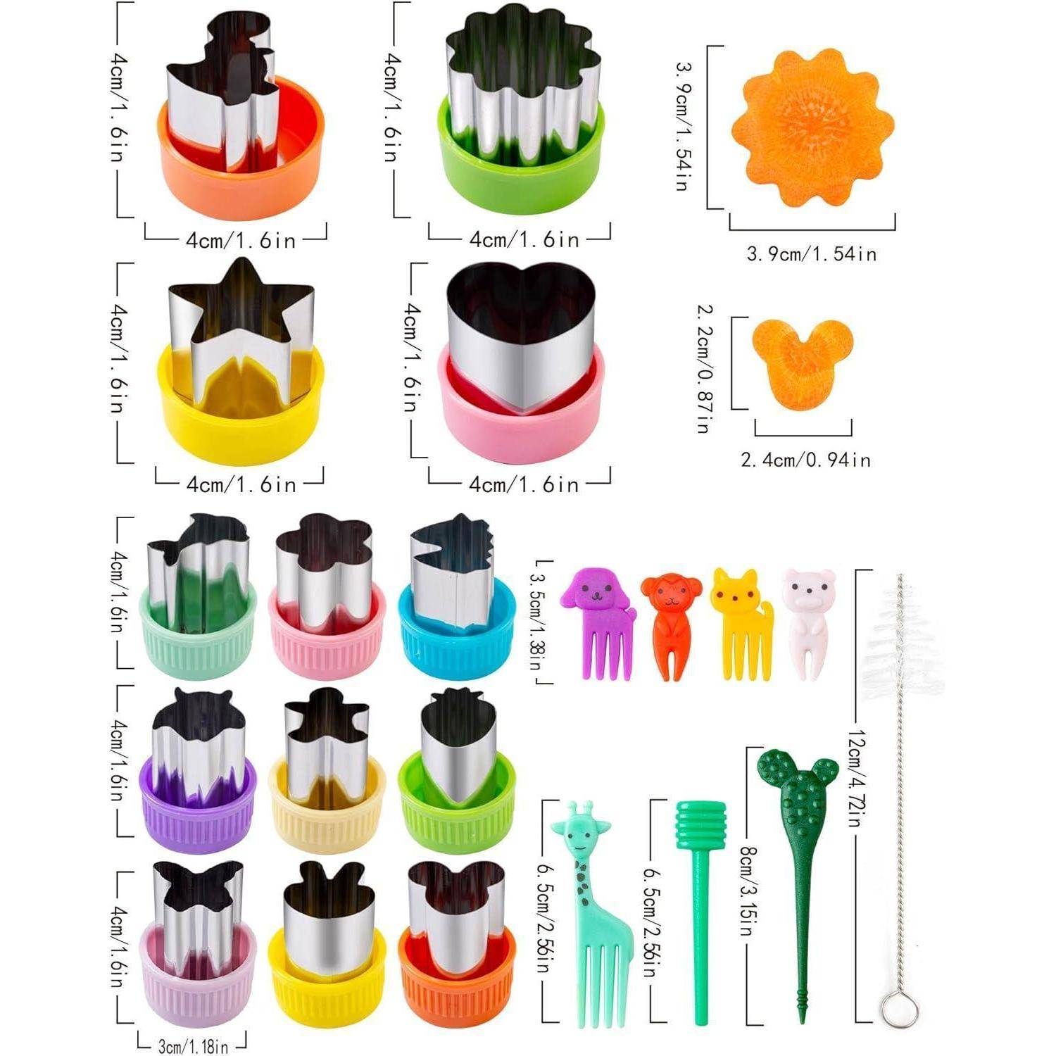 Set von bunten Gemüse-Ausstechern und Zubehör, einschließlich Stern-, Herz-, Blumen-Formen und tierischen Essen-Pickern. Maße werden angezeigt.