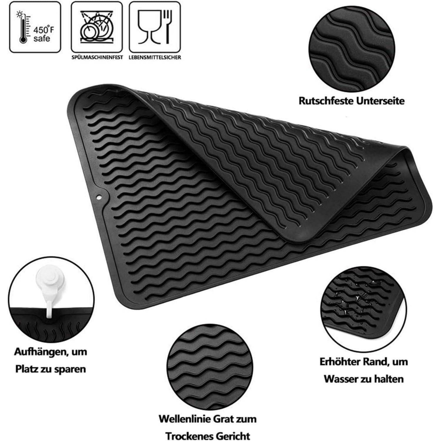 Rutschfeste schwarze Abtropfmatte mit wellenförmigem Design, hitzebeständig, lebensmittelecht, mit Rillen zum Abtropfen, erhöhten Rändern und Aufhängeloch.