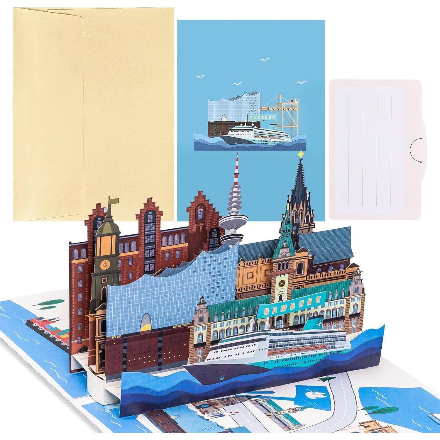 Pop-up-Karte mit einer detaillierten, farbenfrohen Stadtlandschaft mit Sehenswürdigkeiten, einem Schiff und einem Leuchtturm, vor einem blauen Himmelhintergrund.