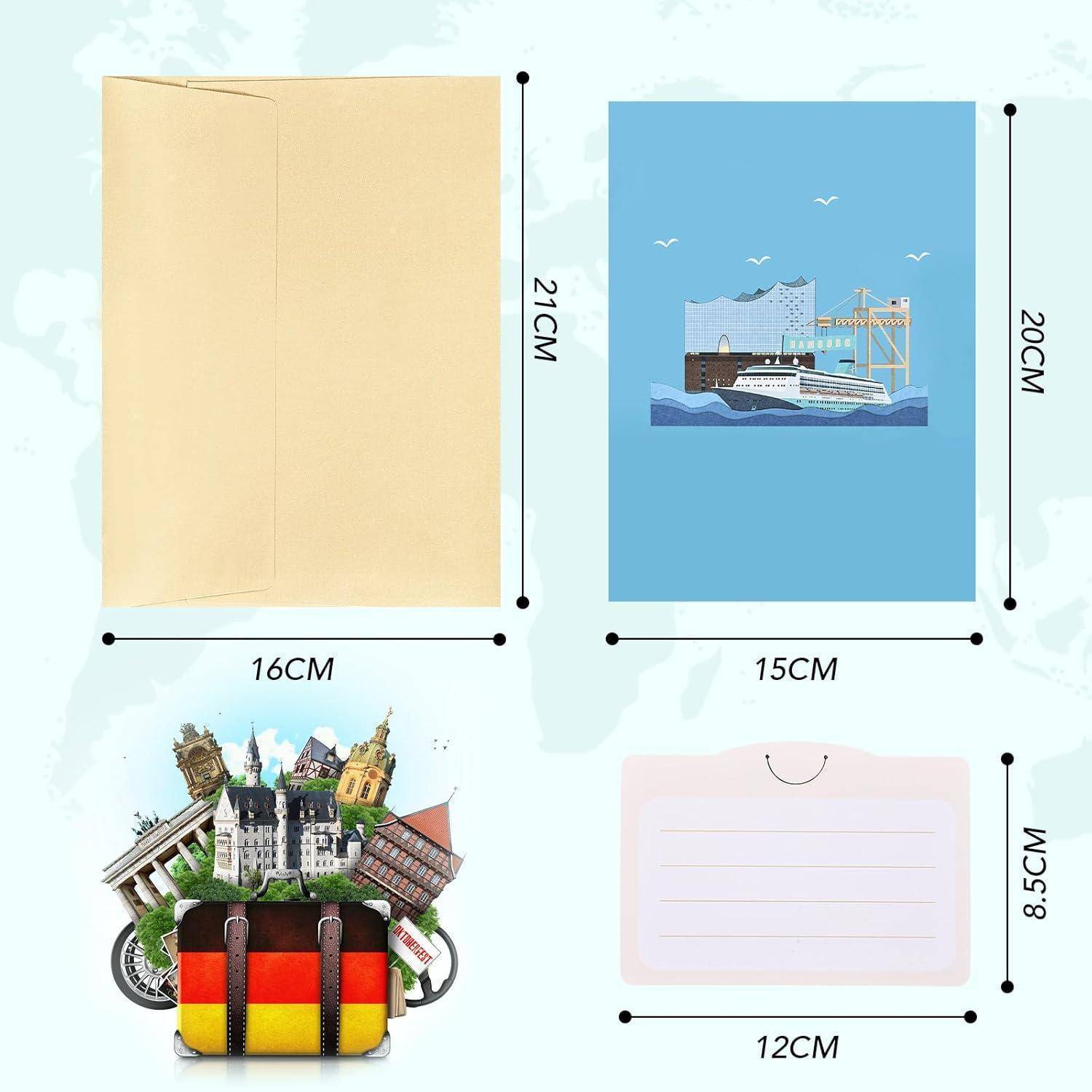 Eine Collage, die einen braunen Ordner (21x16 cm), eine schiffsmotivierte Karte (20x15 cm), eine Postkarte mit deutschen Sehenswürdigkeiten und eine beige Notizkarte (8,5x12 cm) zeigt.