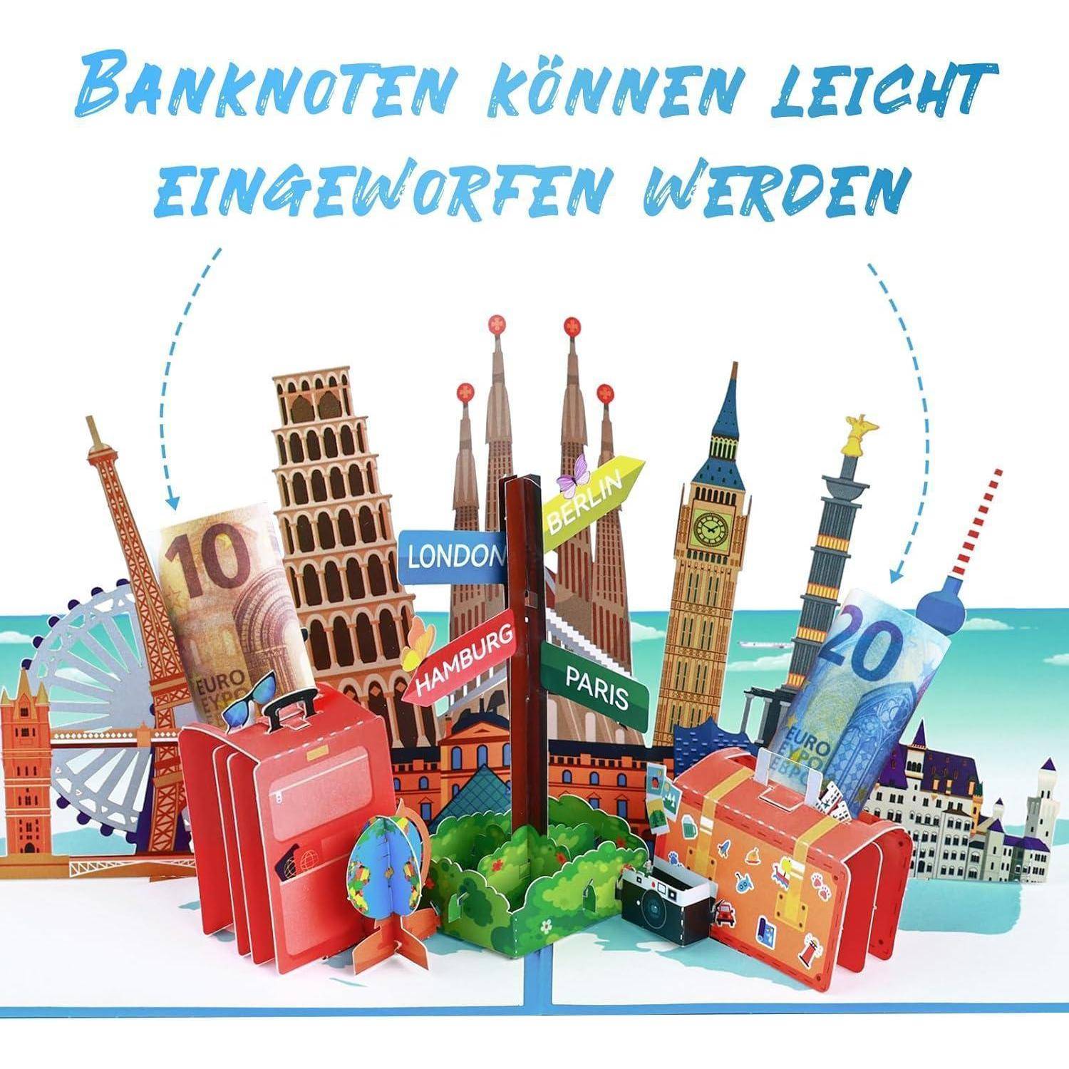 Reisegutschein 3D Pop Up Flugticket Geldgeschenk blau