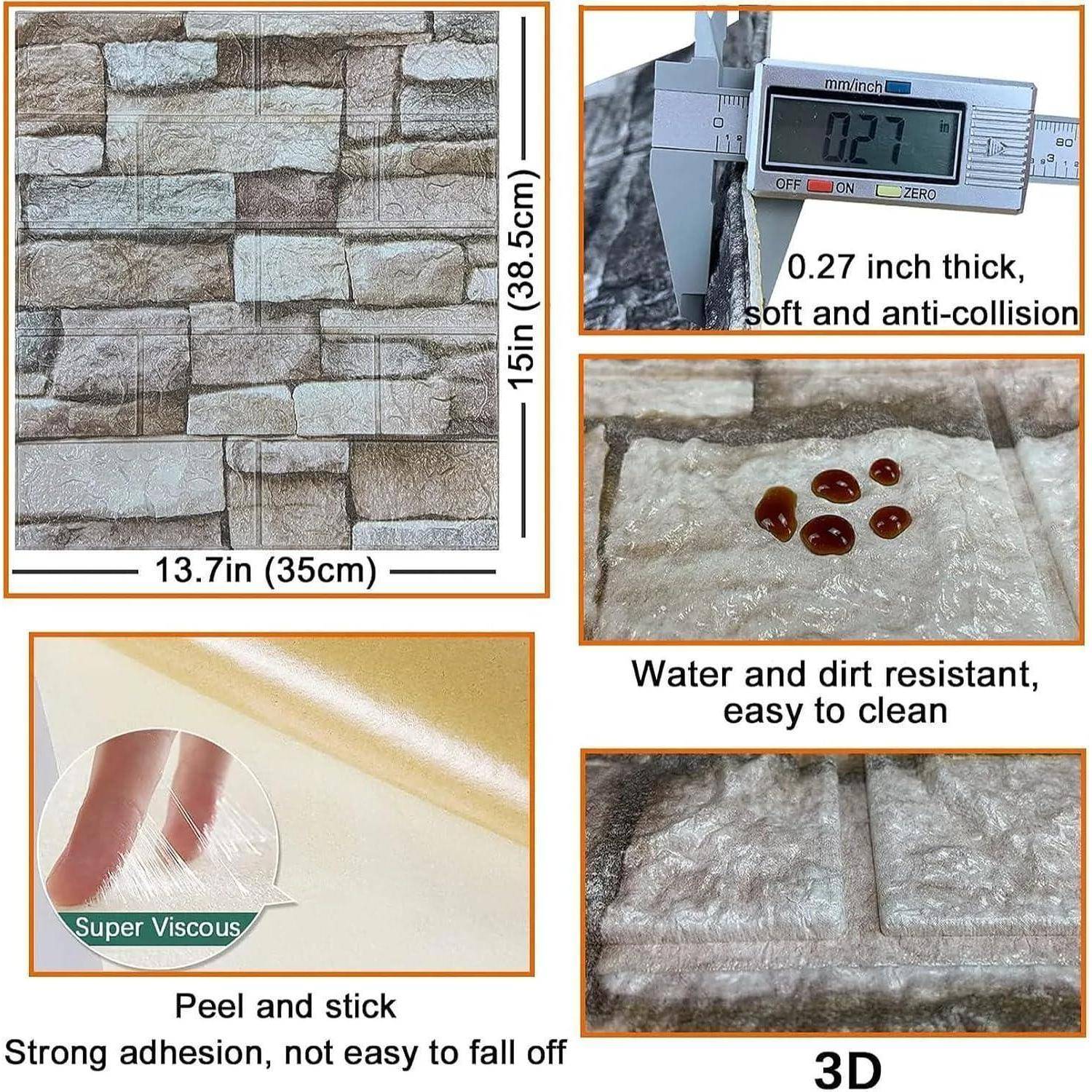 Strukturierte Wandpaneele mit Abmessungen von 13,7 Zoll x 15,1 Zoll, 0,27 Zoll dick. Eigenschaften umfassen starke Haftung, Aufkleben, Wasser- und Schmutzbeständigkeit, 3D-Design.
