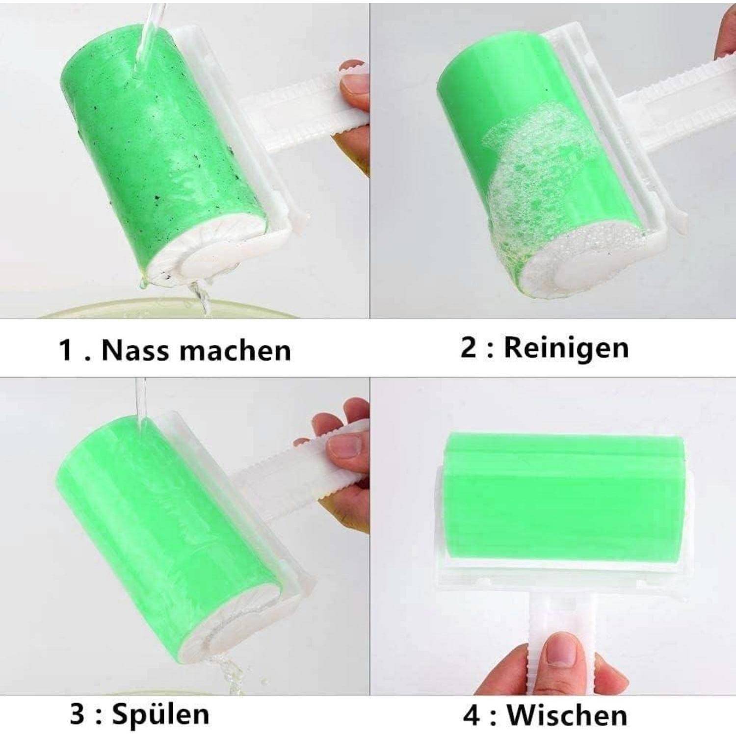 Reinigungsprozess des Rollers: 1. Bild zeigt das Befeuchten des Rollers, 2. Bild das Auftragen von Seife, 3. Bild das Ausspülen und 4. Bild das Sauberreiben.