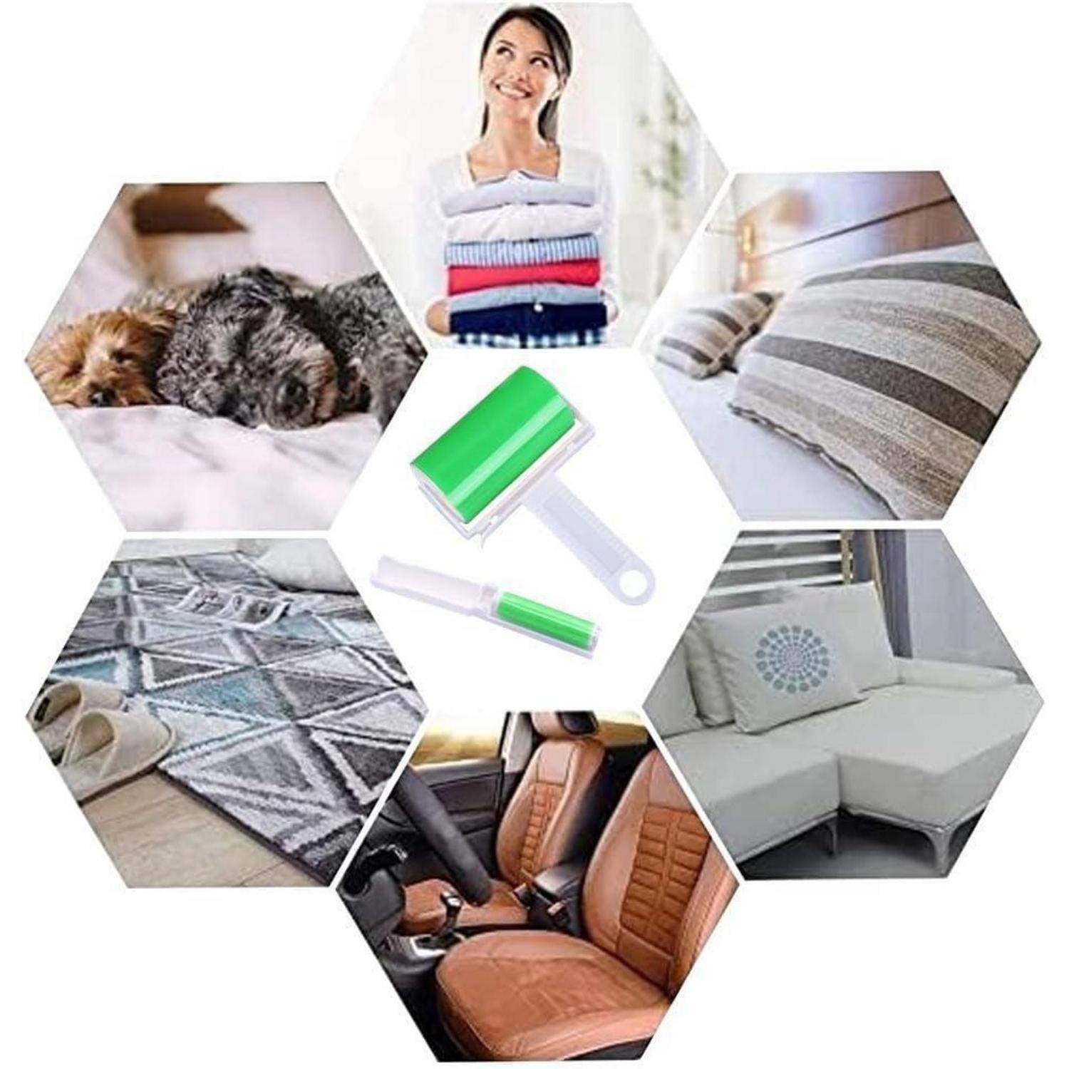 Collage eines Fusselrollers mit Bildern, die verschiedene Reinigungseinsatzmöglichkeiten zeigen: Tierkorb, zusammengelegte Kleidung, Kissen, Teppich, Autositze und Sofa.