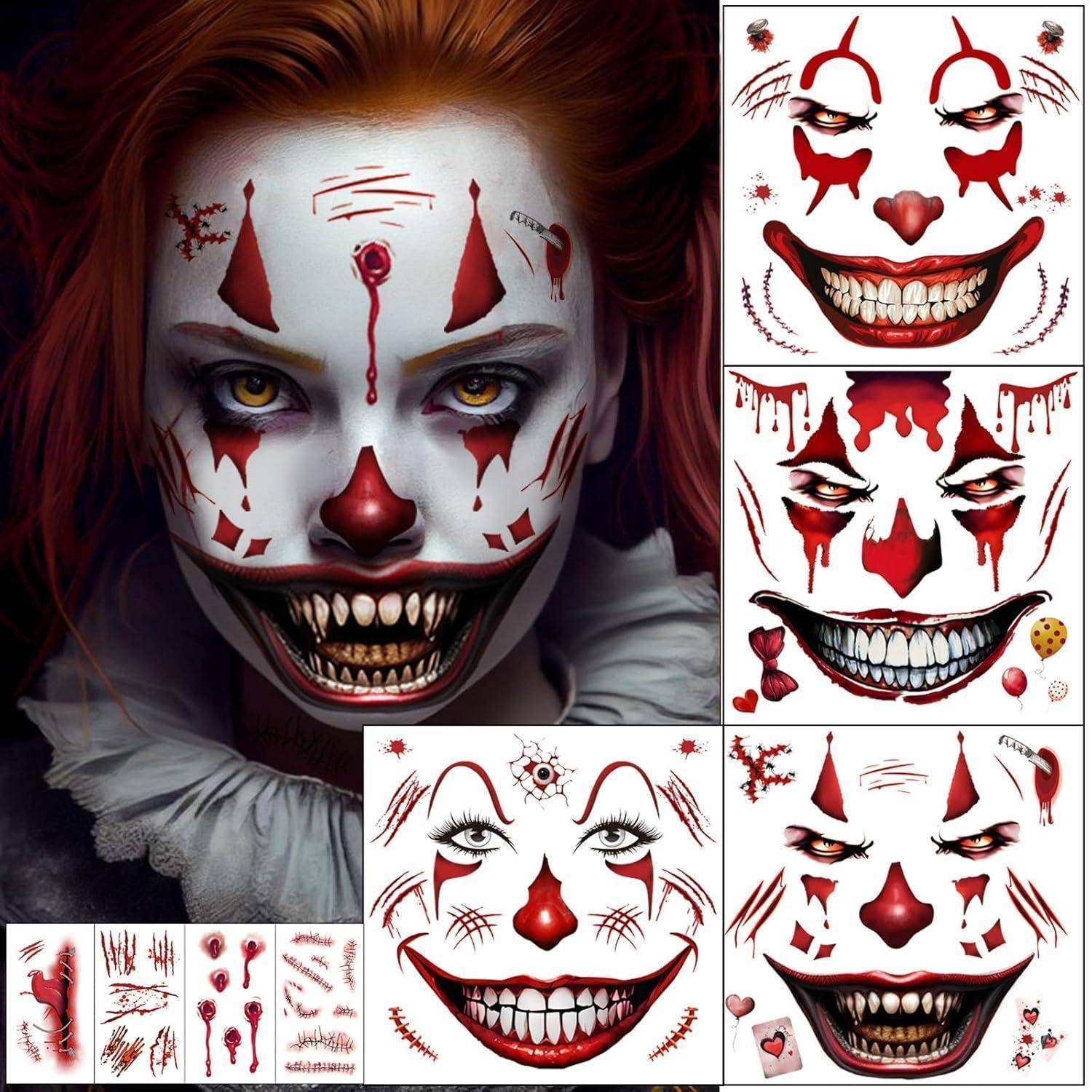 Ein Mensch mit intensivem Clown-Schmink, der spitze Zähne zeigt, wirkt bedrohlich. Das Bild enthält verschiedene Clown-Schminkdesigns.