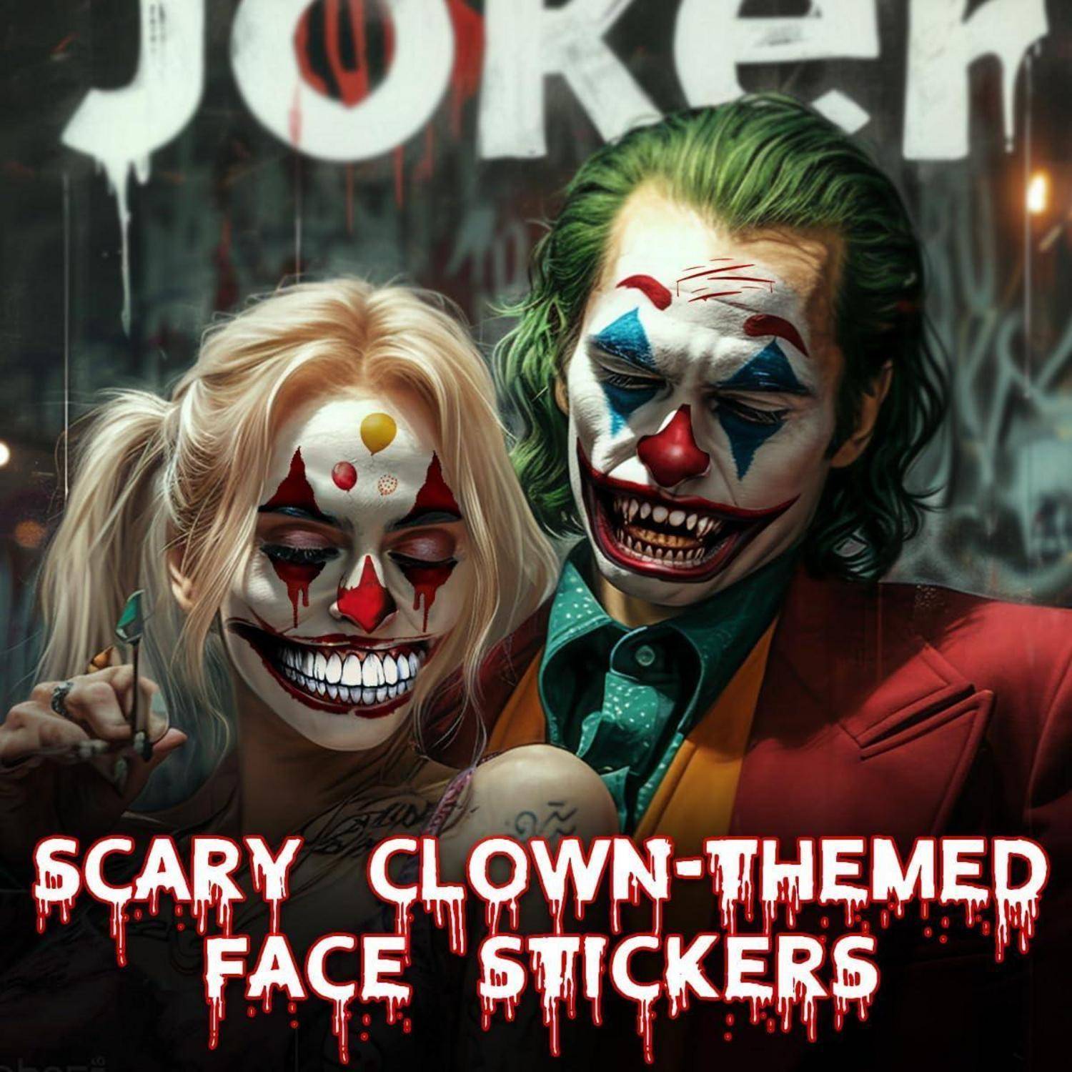 Zwei Personen mit Clown-Make-up, die comichafte Charaktere ähneln. Text lautet: 