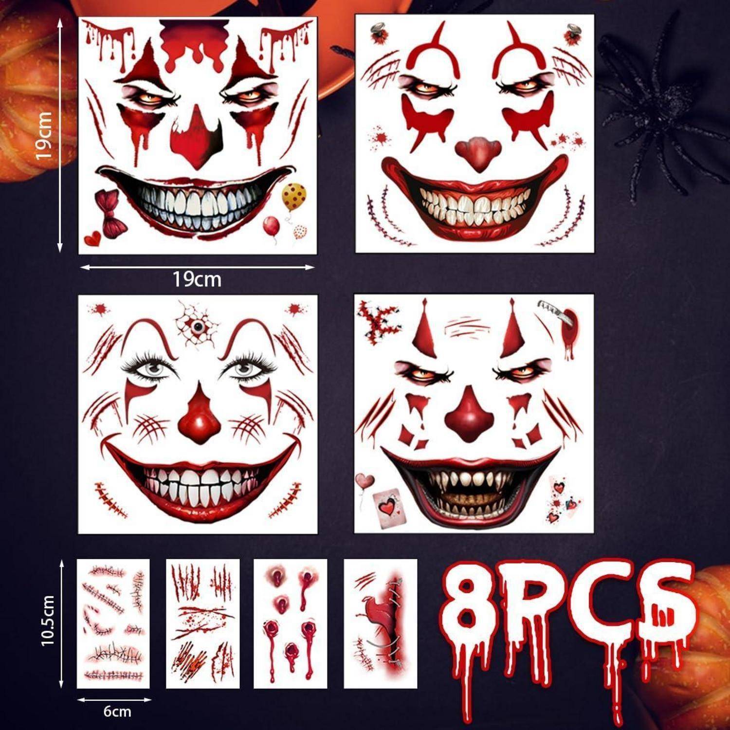 Eine Sammlung von 8 gruseligen Clown-Gesichtsmasken und Zubehör, die finstere Lächeln und Halloween-thematische Dekorationen wie Blut und Nähte beinhalten.