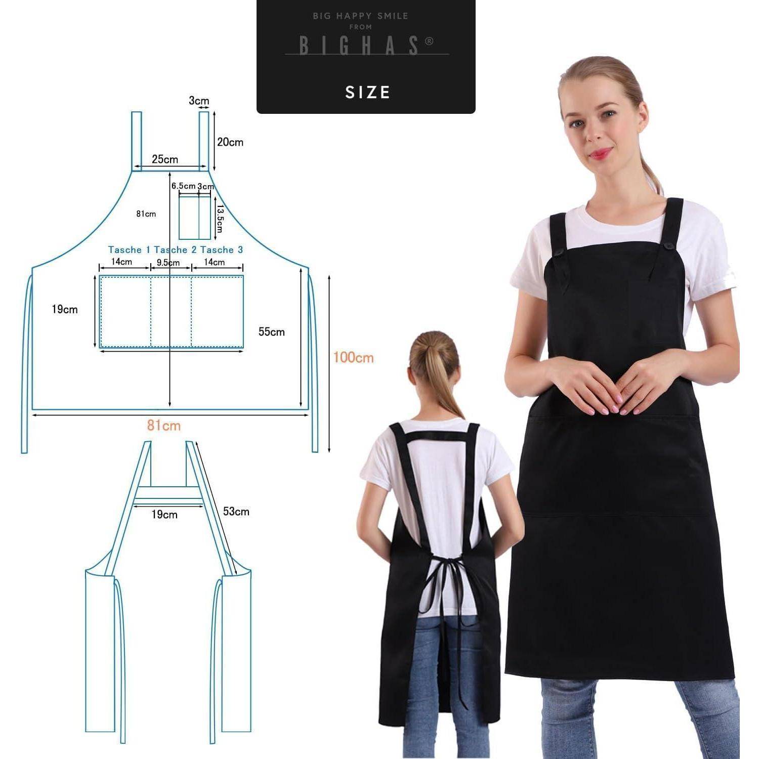Schürzengrößenführer mit Maßangaben: Breite 81 cm, Länge 100 cm. Diagramm zeigt Vorder- und Rückansicht. Modell trägt schwarze Schürze.