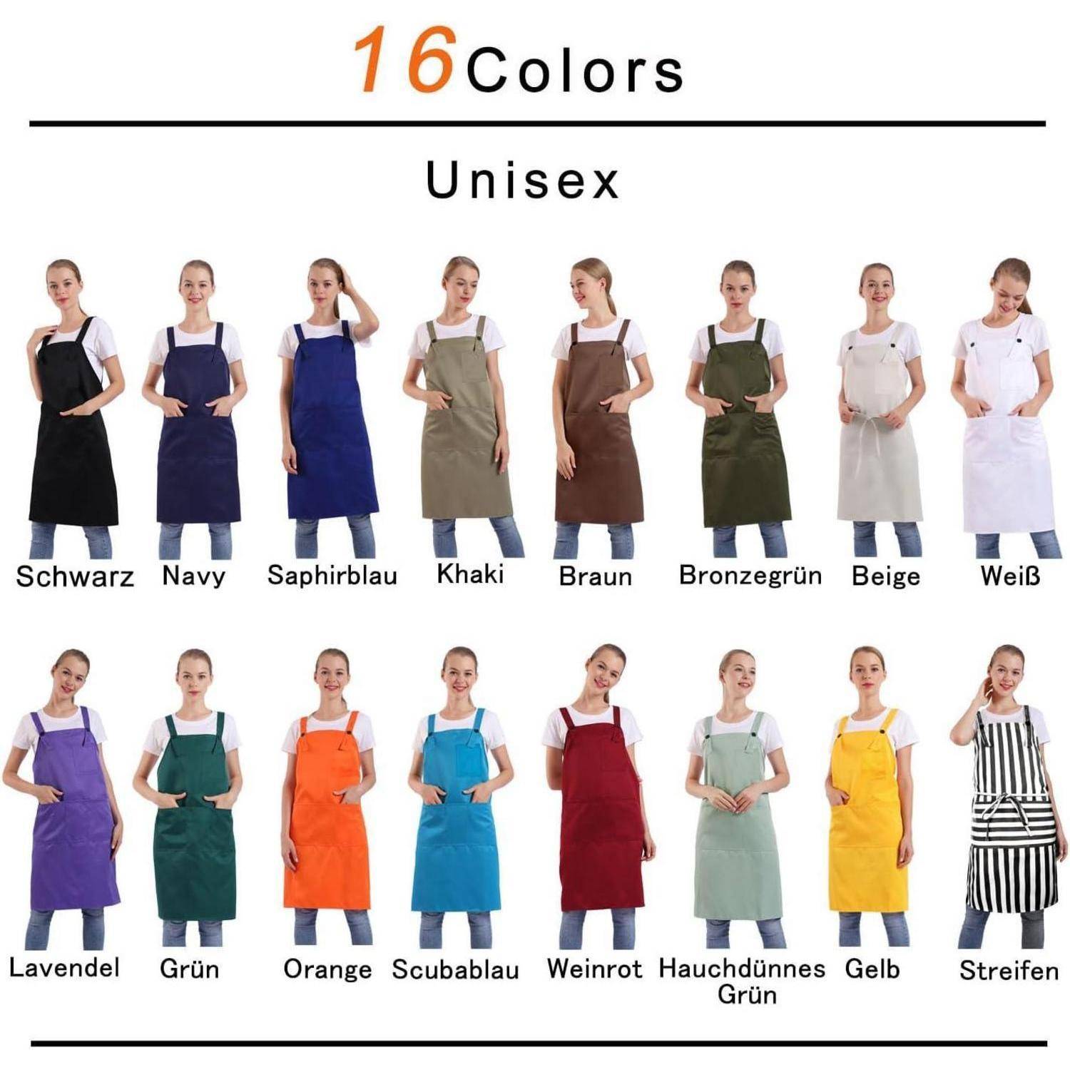 Unisex-Schürzen in 16 Farben: Schwarz, Navy, Saphirblau, Khaki, Braun, Bronzegrün, Beige, Weiß, Lavendel, Grün, Orange, Scubablau, Weinrot, Hauchtürkis, Gelb, Streifen.