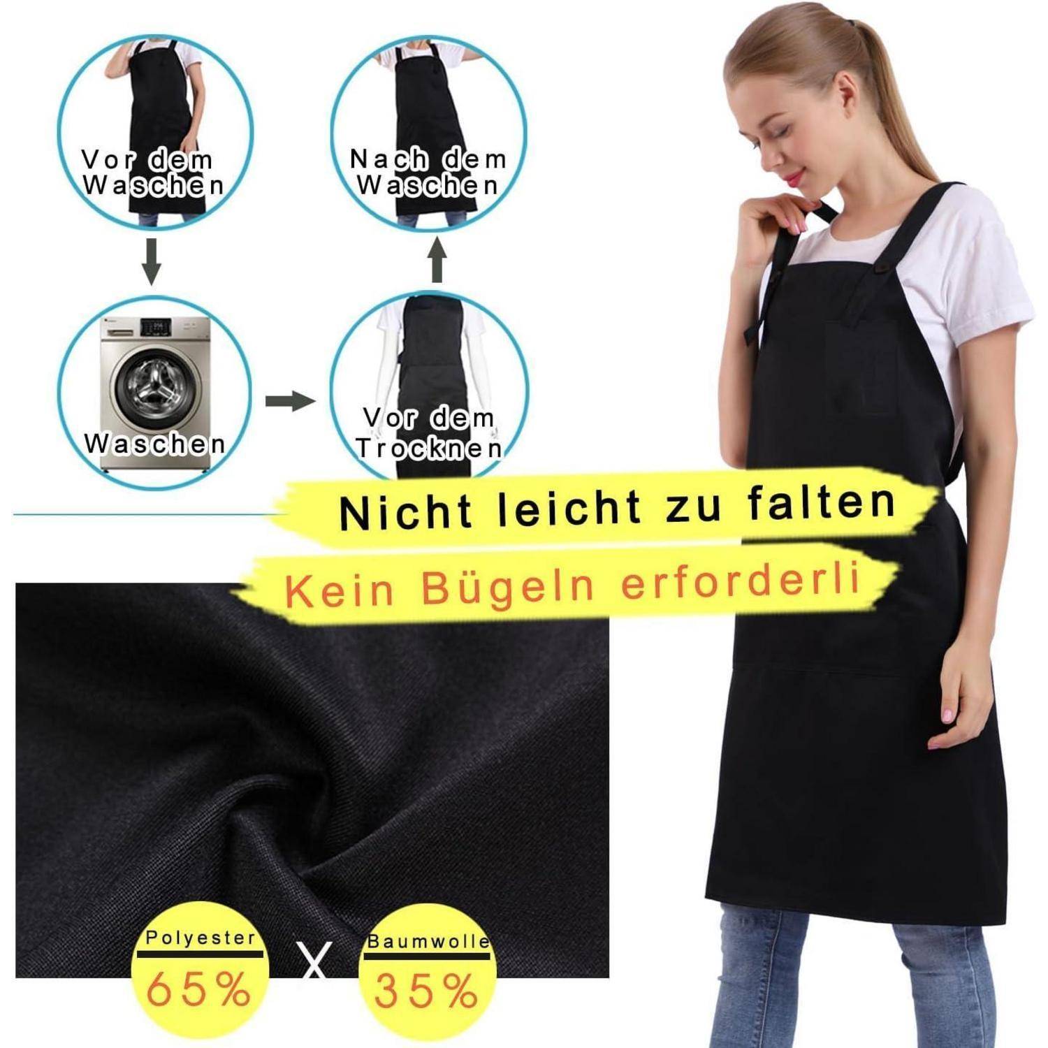 Eine Frau trägt eine schwarze Schürze, beschriftet mit „Nicht leicht zu falten