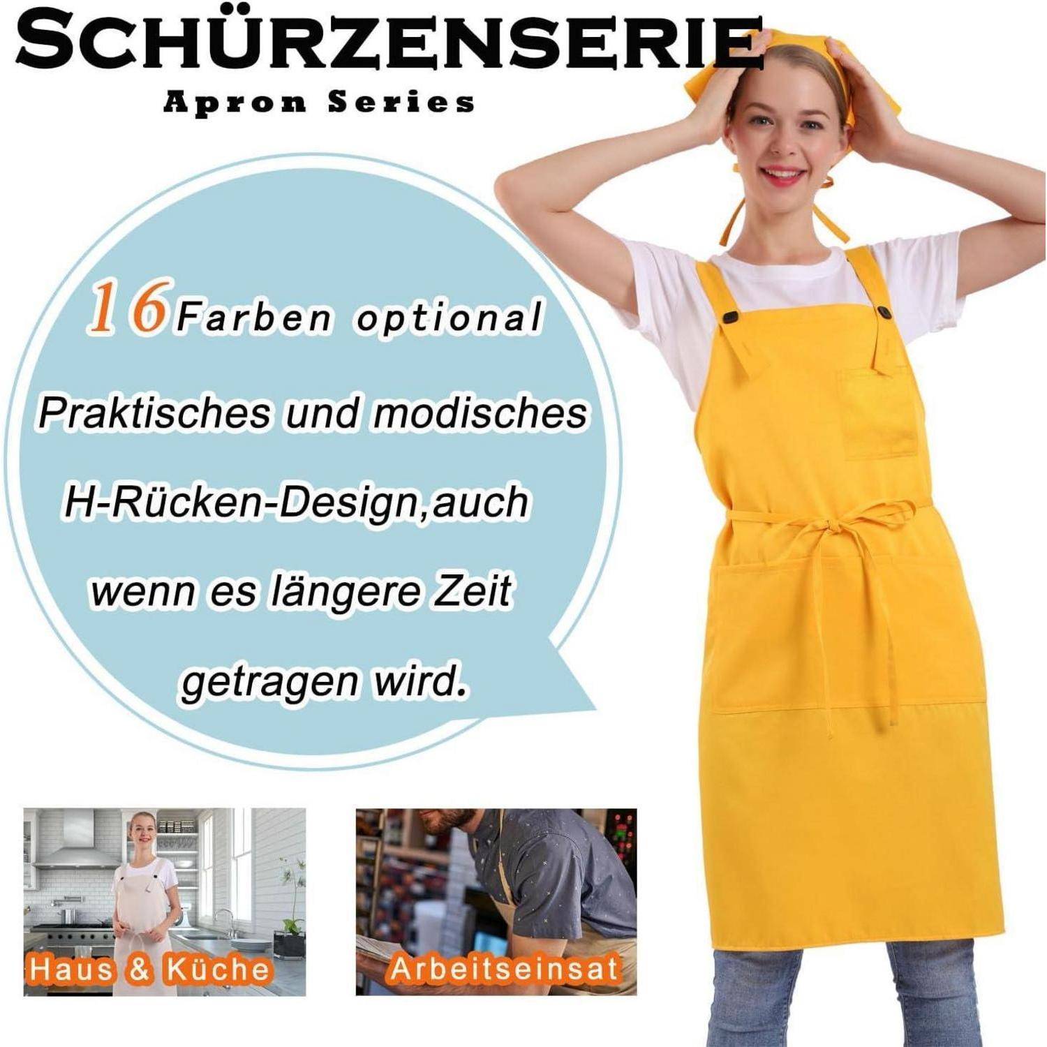 Eine Person mit einer gelben Schürze richtet ein Haarband. Der Text hebt '16 Farboptionen' hervor und betont das praktische, stilvolle Design.