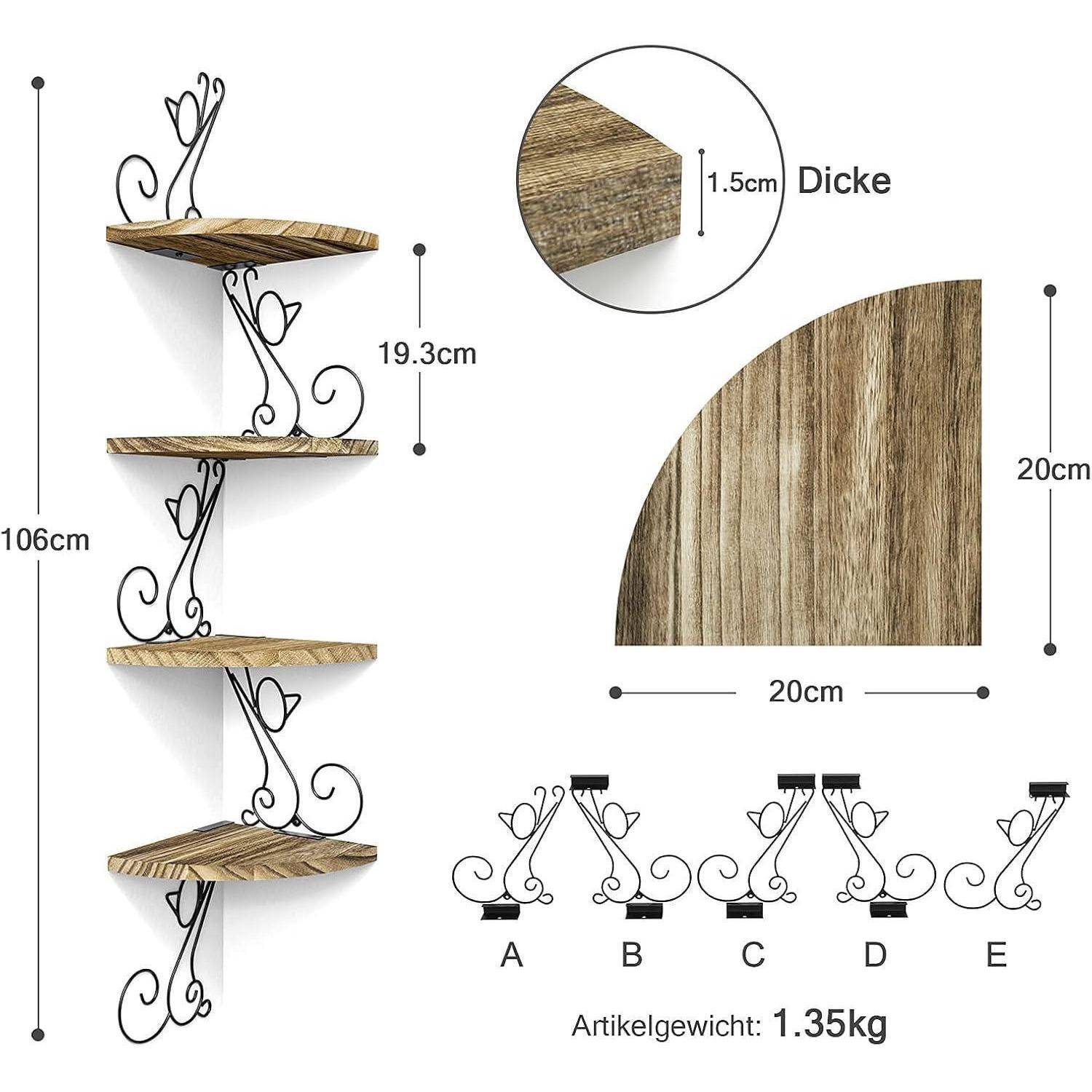 Eckwandregal mit vier Ebenen, dekorative schwarze Metallhalterung und Holzoberfläche. Abmessungen und Gewicht: 106 cm hoch, Regale 20 cm breit, 1,5 cm dick, Gesamtgewicht 1,35 kg.