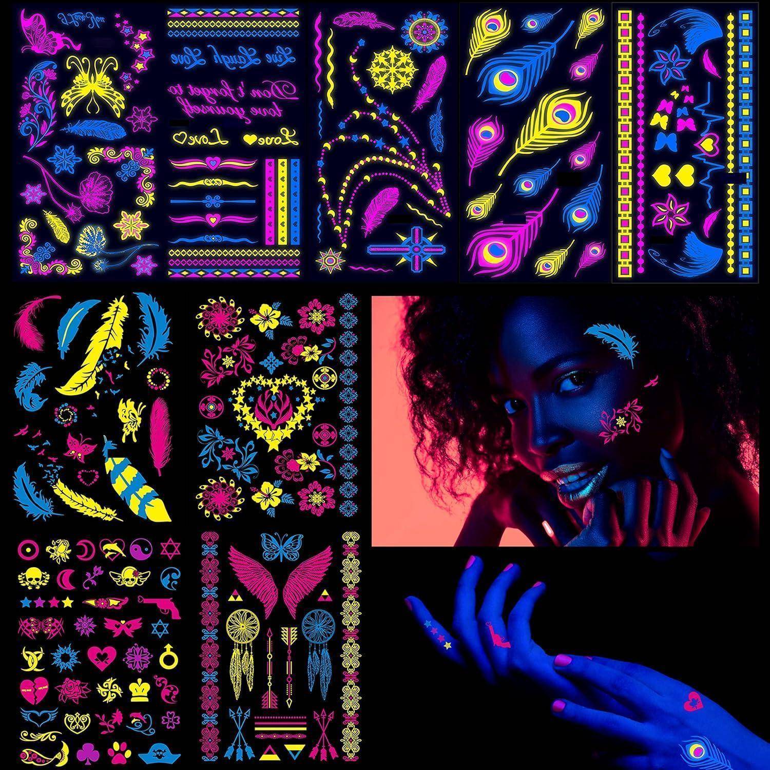 Ein Collage von Neon-Tribal-Stil Körperkunst-Designs und Mustern mit einer Person, die in leuchtenden Neonfarben auf einem dunklen Hintergrund bemalt ist.