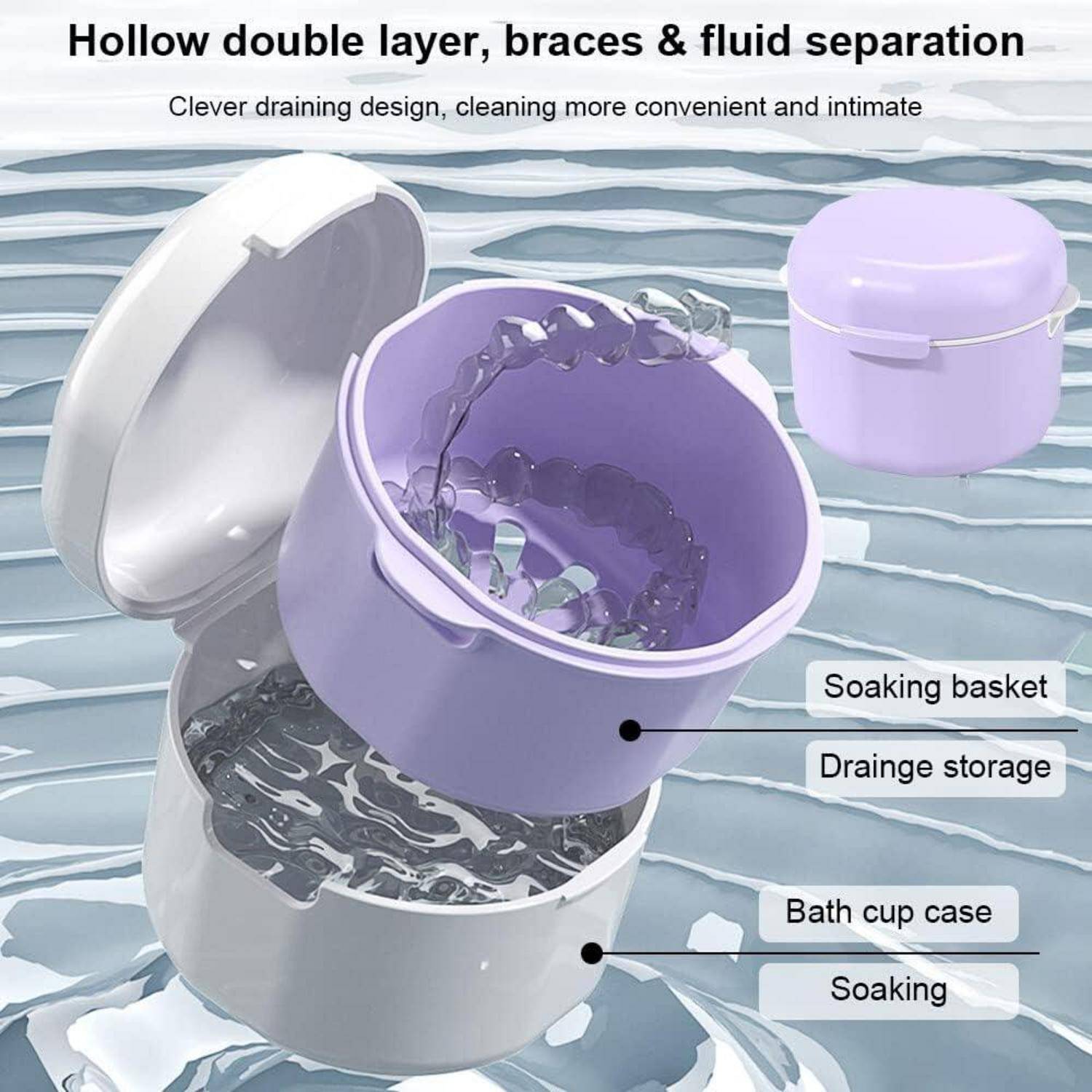 Eine violette Badeschale mit einem Einsatzkorb im Wasser, die das Design der 