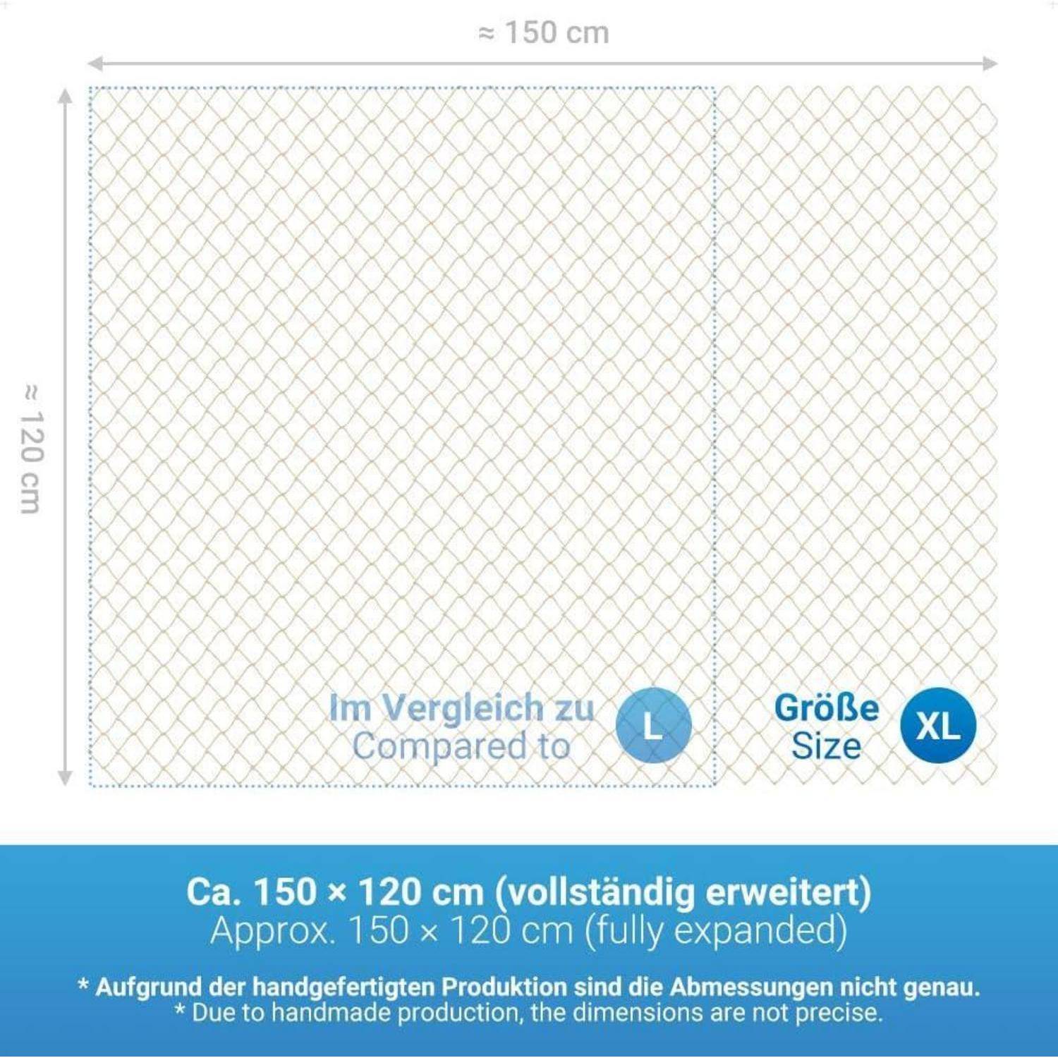 Eine beschriftete Grafik zeigt die Größen L und XL im Vergleich. Die XL-Größe misst 150 x 150 cm bei vollständiger Entfaltung und ist damit größer als die L-Größe.