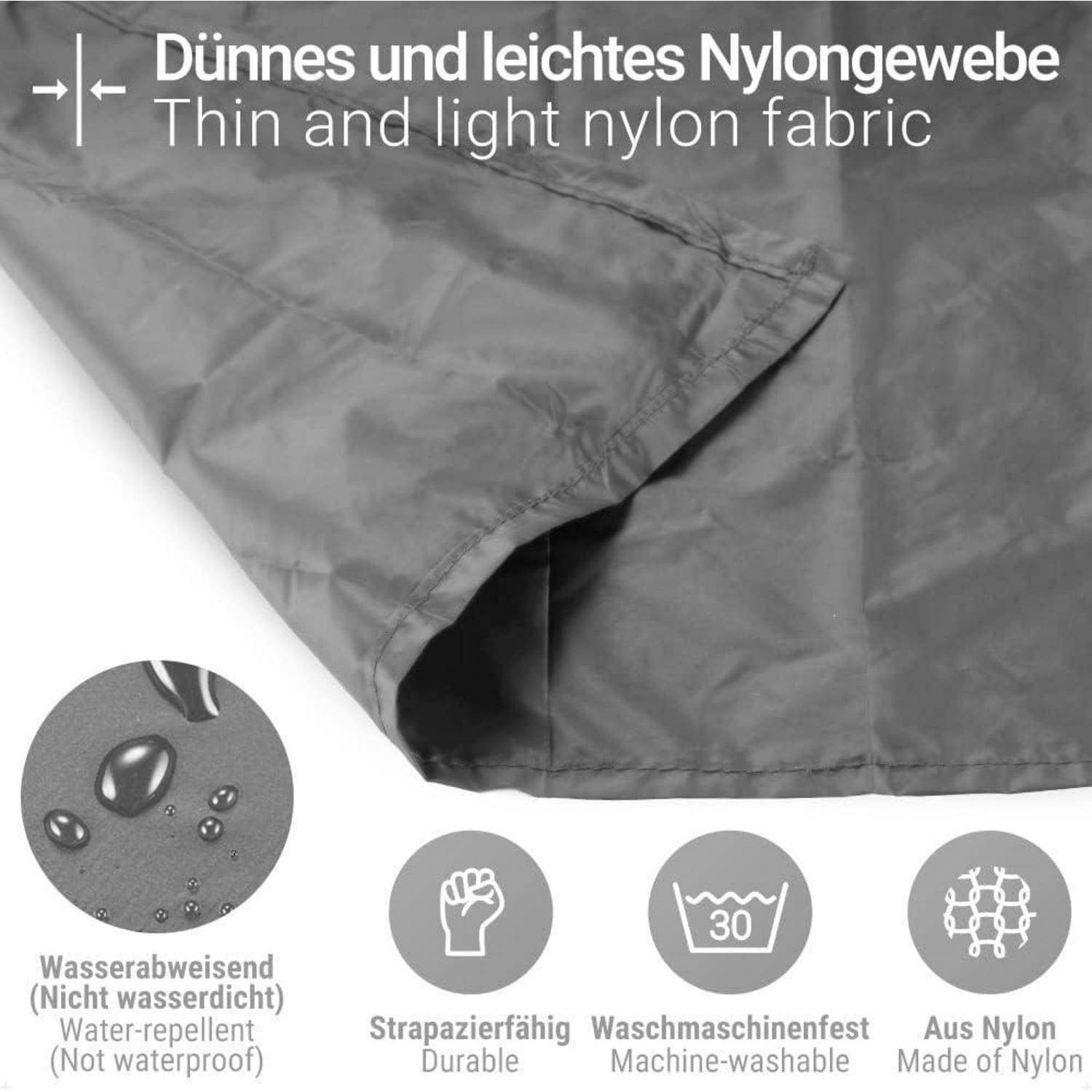 Dünner und leichter Nylonstoff; wasserabweisend (nicht wasserdicht); strapazierfähig; bei 30°C maschinell waschbar; aus Nylon hergestellt.