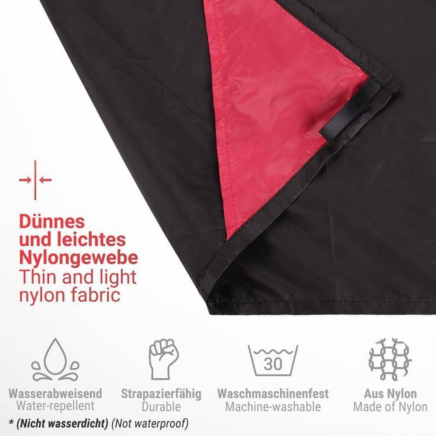 Ein rotes und schwarzes Nylongewebe wird gezeigt mit Symbolen und Text, die Eigenschaften hervorheben: dünn, leicht, wasserabweisend, strapazierfähig und maschinell waschbar.