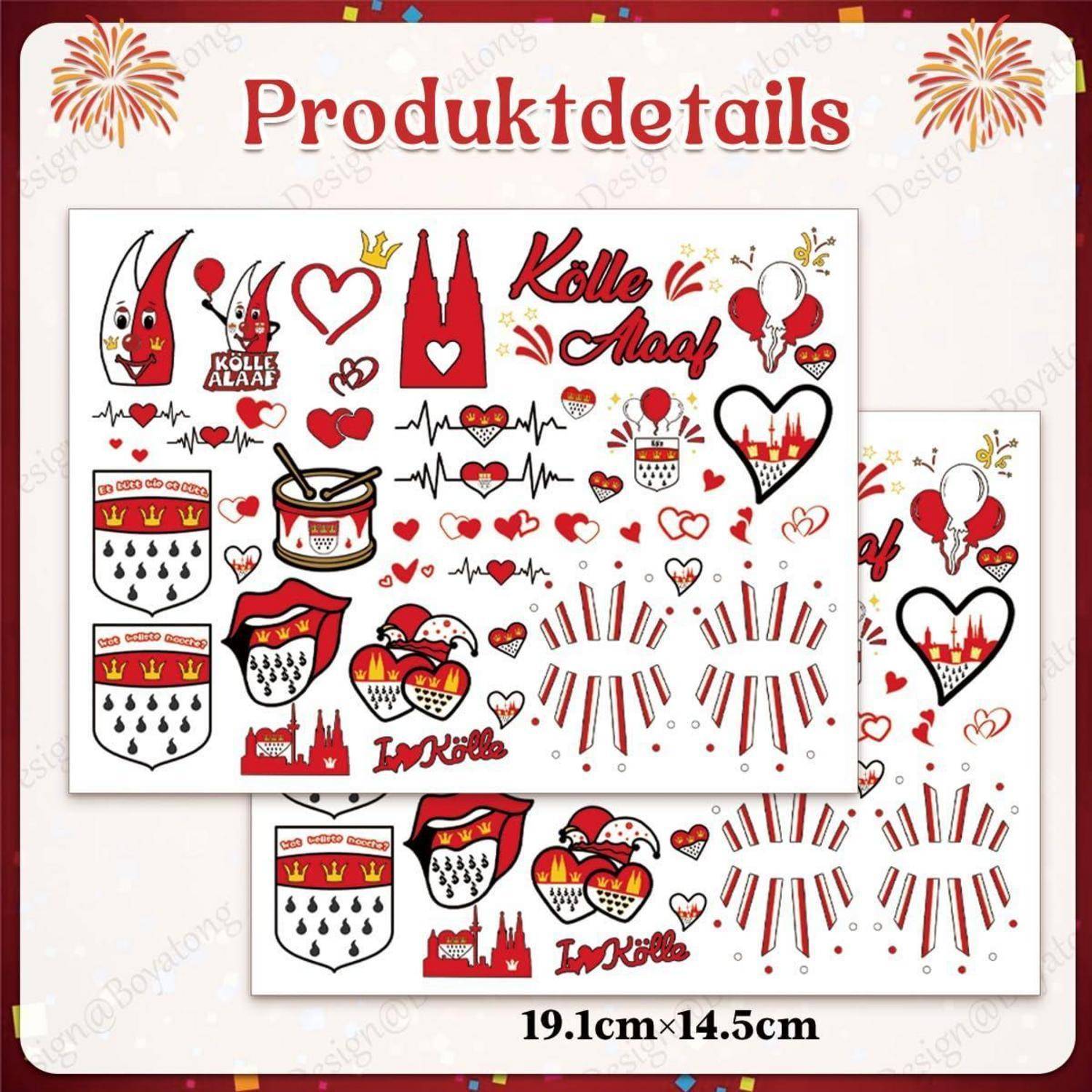 Sticker-Set mit 'Kölle Alaaf' Schriftzug, roten und weißen Karnevalsmotiven, Herzen, Kölner Dom, Kronen und Luftballons.
