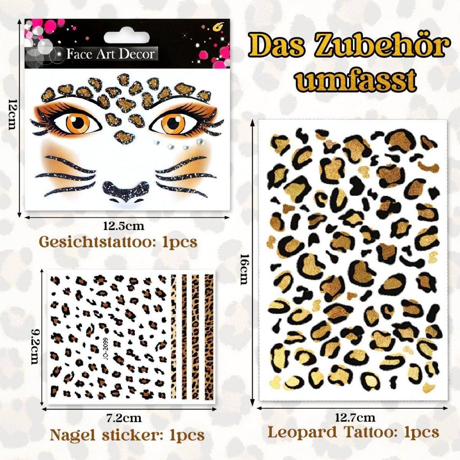 Das Zubehör umfasst Gesichtstattoos (1 Stück), Nagelsticker (1 Stück) und Leoparden-Tattoos (1 Stück) mit Leopardenprint-Designs.