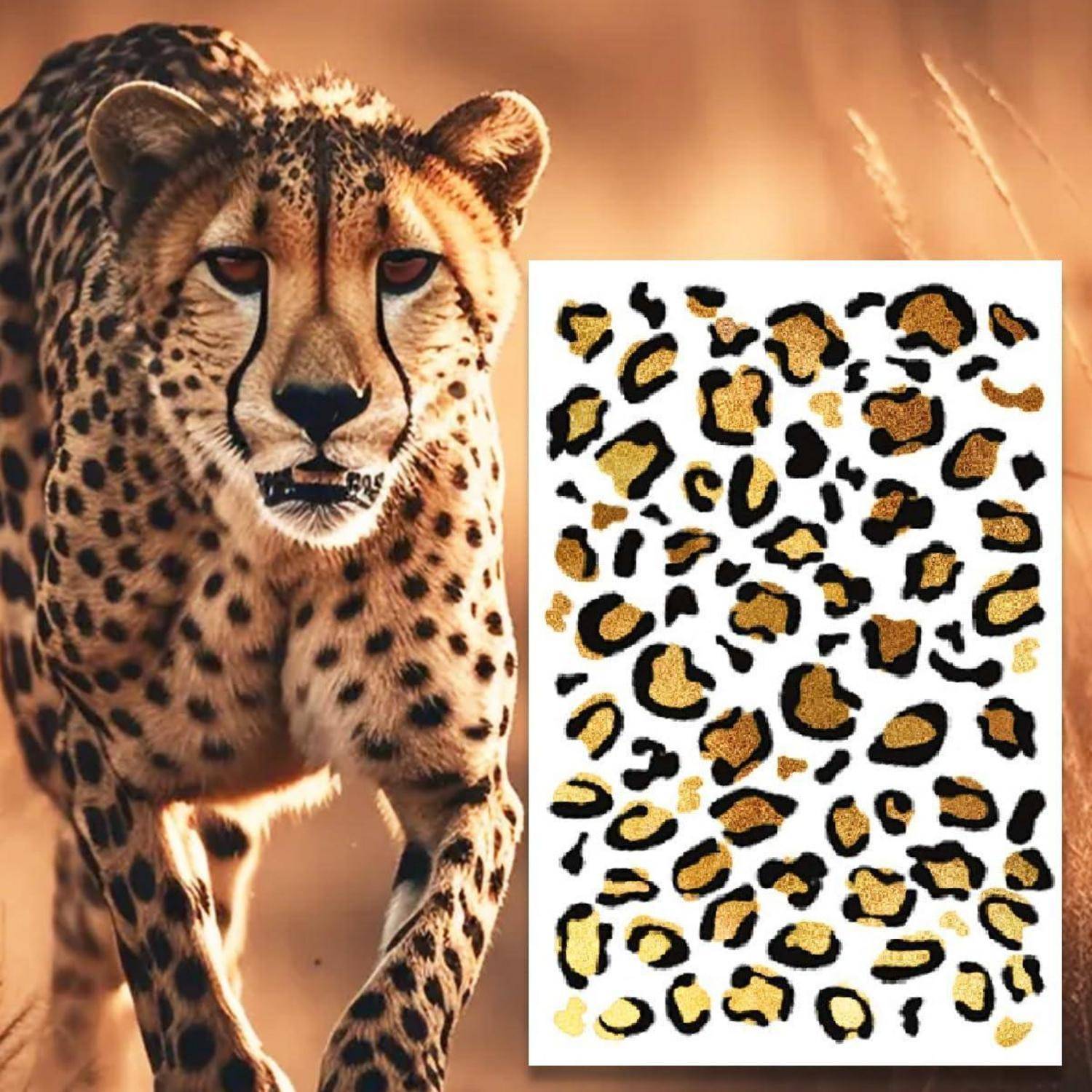 Ein Gepard, der durch ein goldenes Grasfeld läuft, mit einer Nahaufnahme, die seine charakteristischen schwarzen Flecken auf einem goldgelben Fell zeigt.