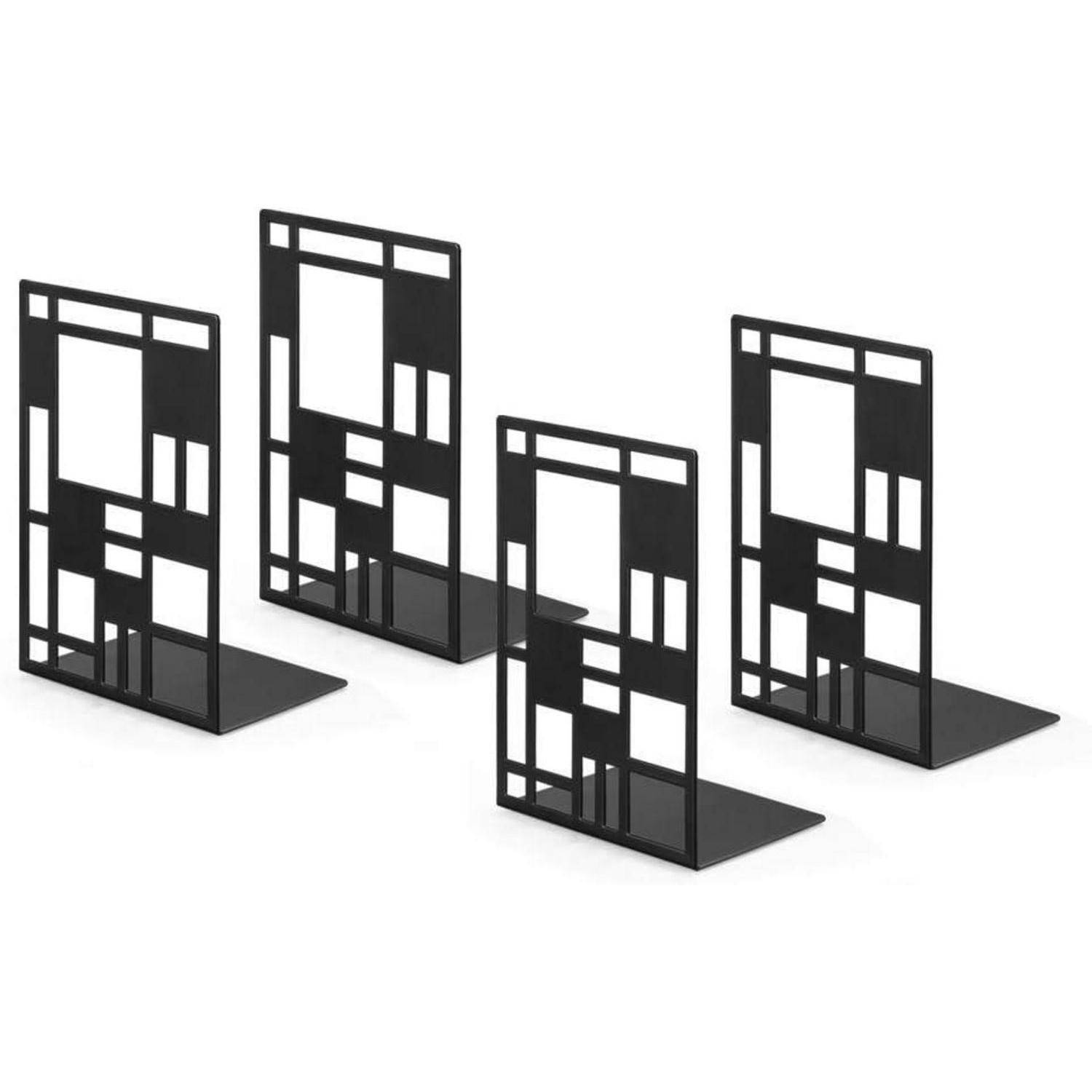 Vier schwarze Metallbuchstützen mit einem geometrischen Ausschnittdesign, die Rechtecke und Quadrate aufweisen, vor einem schlichten weißen Hintergrund präsentiert.