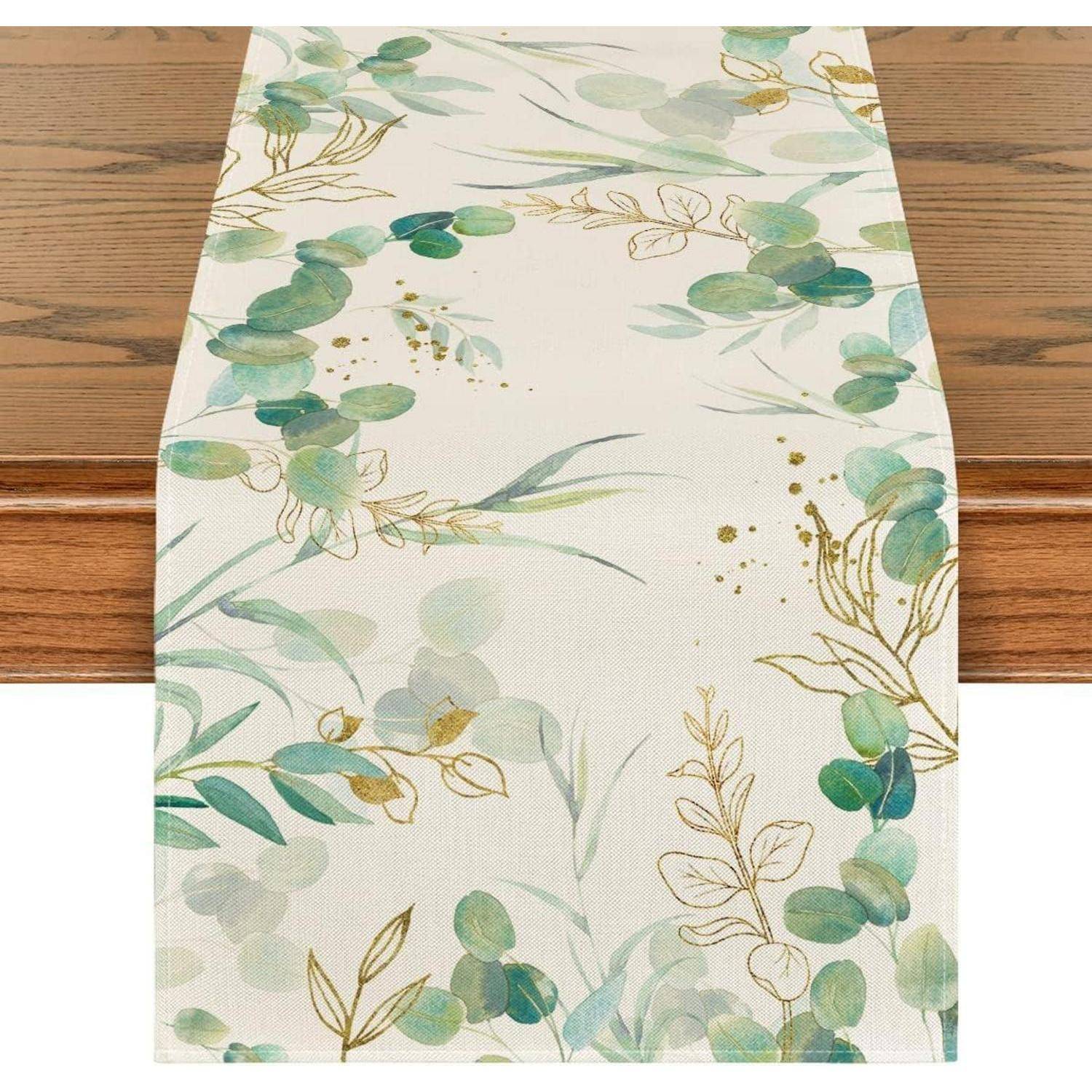 Tischläufer Eukalyptus Tischdeko Hochzeit Sommer 40 x 100 cm Grün Gold