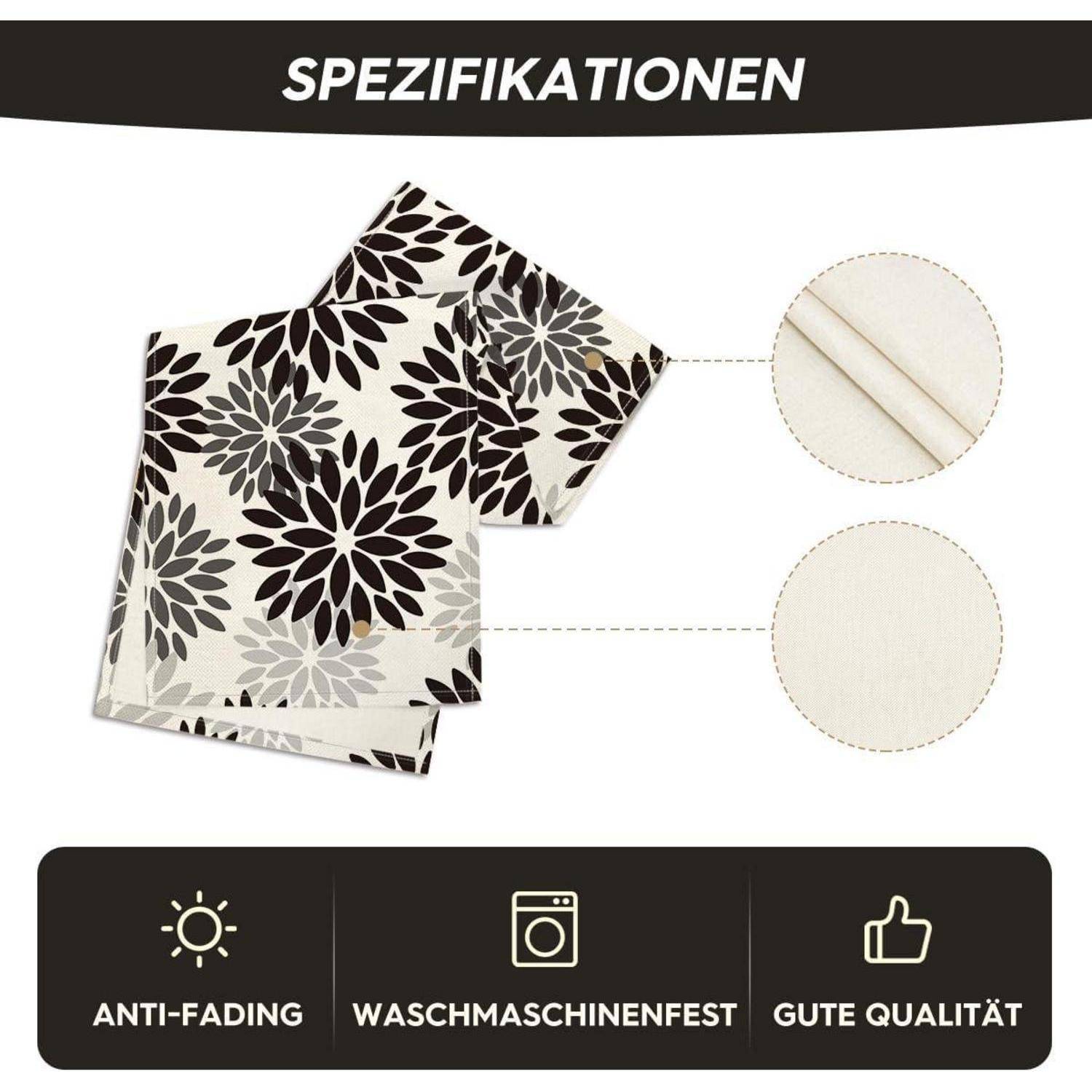 Stoff mit schwarzem und grauem Blumenmuster. Einschub zeigt Stoffstruktur. Deutsche Beschriftung unten: 'Waschecht', 'Maschinenwäsche', 'Hochwertige Qualität'.
