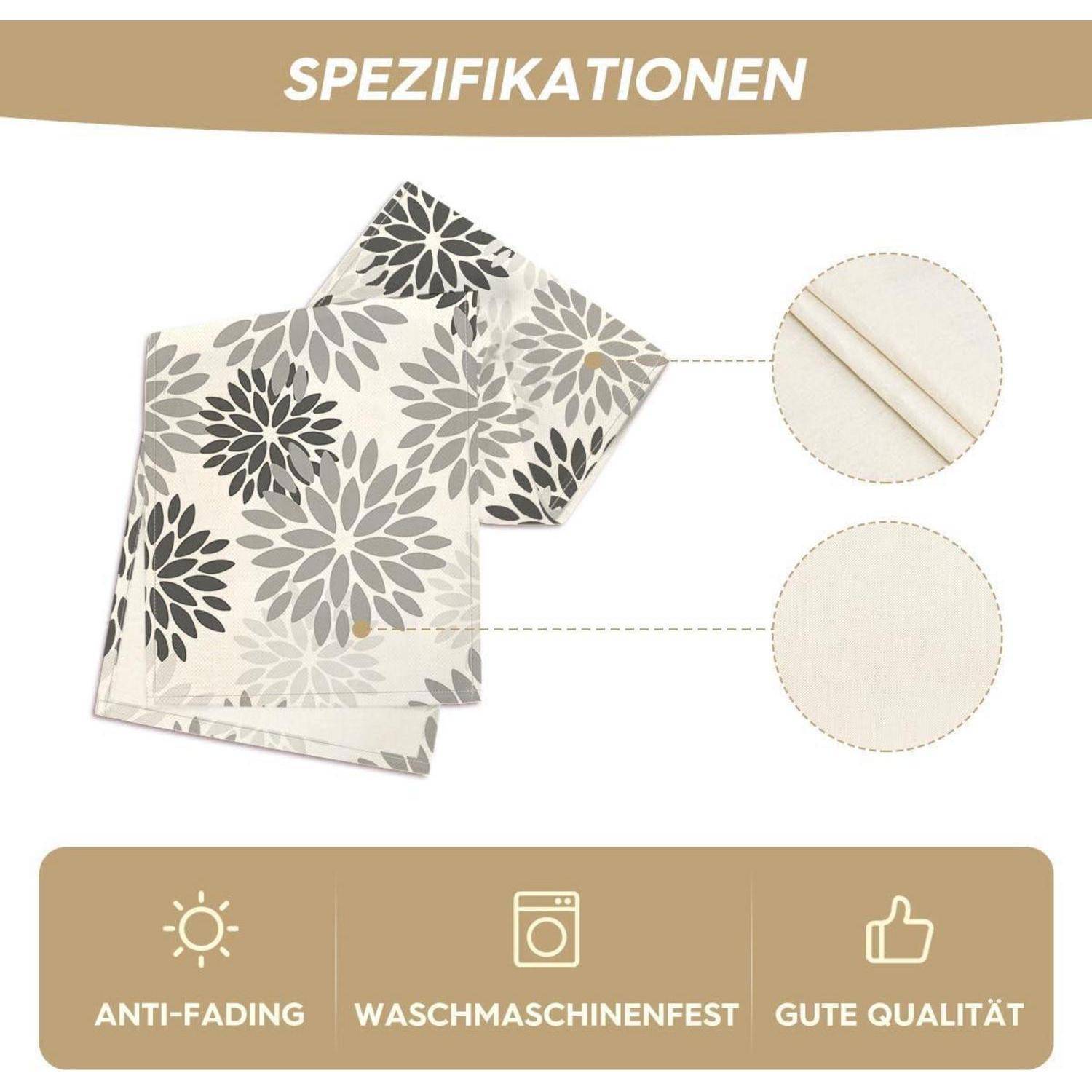 Spezifikationen Bild von zwei Blumenmuster-Stoffen mit vergrößerten Ansichten, die die Textur zeigen. Symbole weisen auf Farbechtheitsbeständigkeit, Maschinenwäsche und gute Qualität hin.
