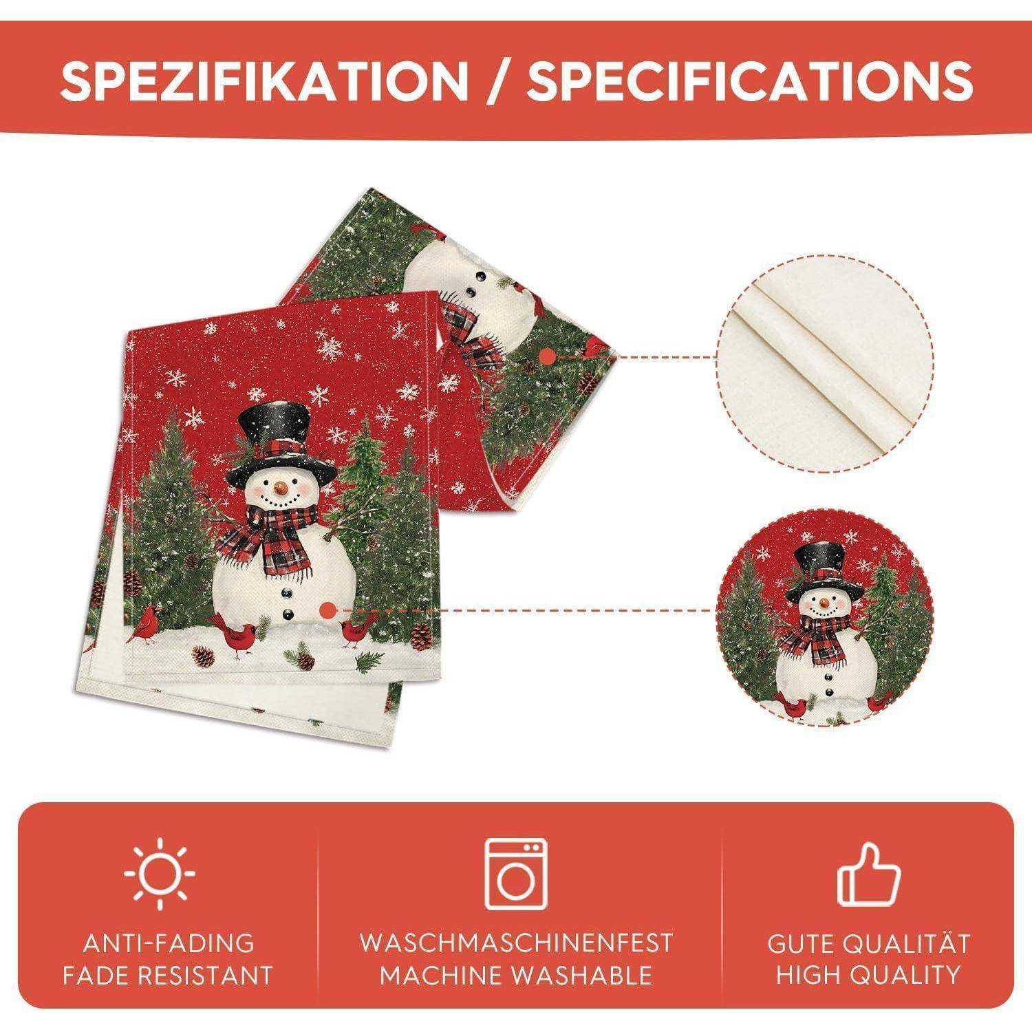 Schneemann-Themen-Stoffspezifikationen: ausbleichbeständig, maschinenwäschetauglich, hochwertig. Bild zeigt eine Nahaufnahme des Stoffs mit Schneemann-Design.