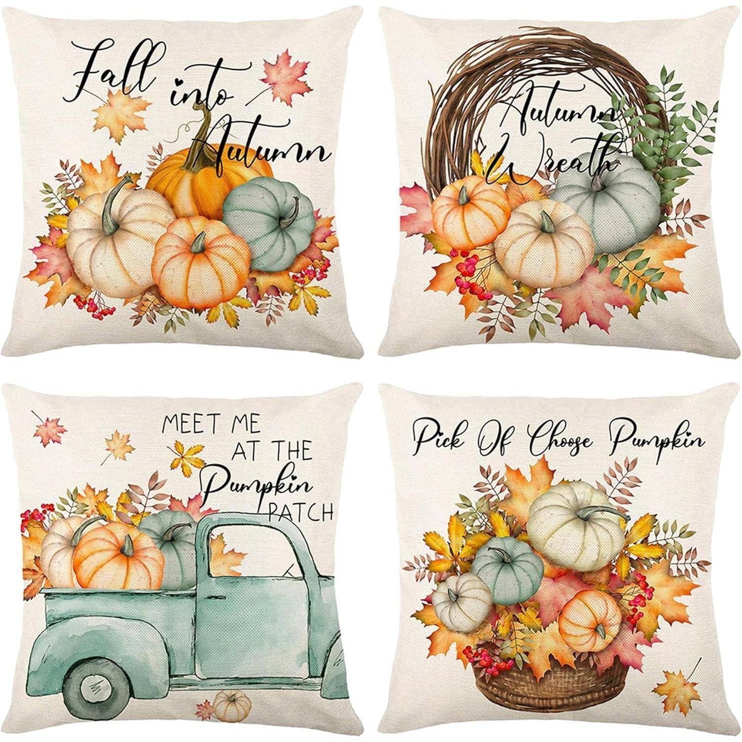 Kissenbezug 45x45cm 4 Stück Baumwolle Leinen Herbstdeko Kürbis Auto