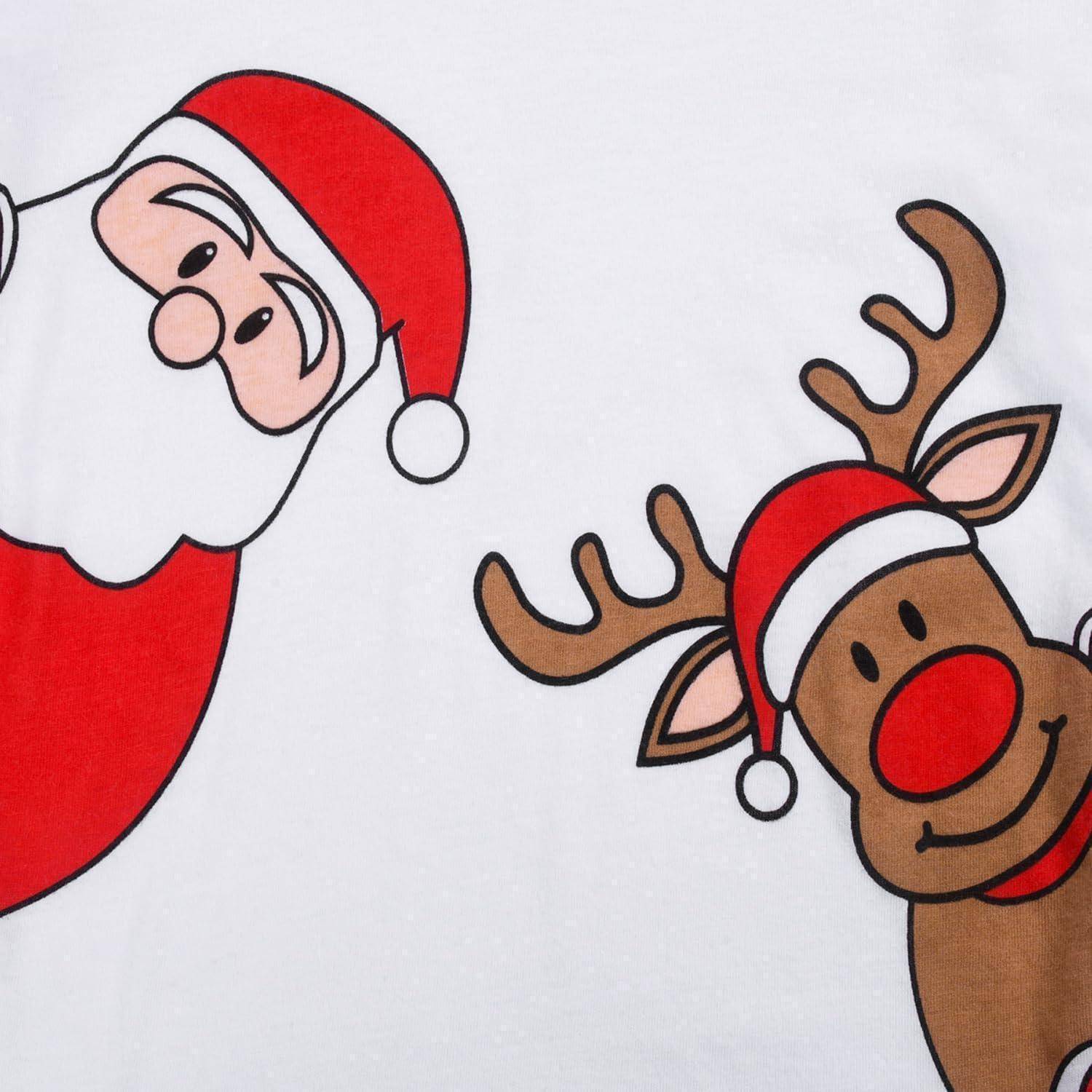 Weihnachtsmann und Rentiere als Cartoon, lächelnd, mit roten Weihnachtsmützen, vor einem einfarbigen weißen Hintergrund.