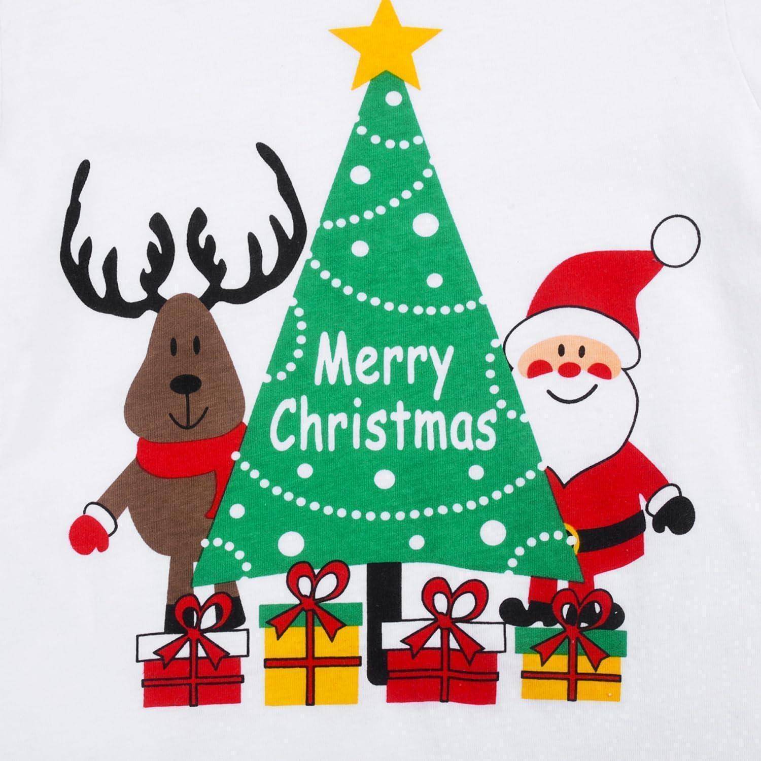 Ein Cartoon-Rentier und der Weihnachtsmann stehen neben einem grünen Weihnachtsbaum mit einem Stern. Der Baum sagt „Frohe Weihnachten