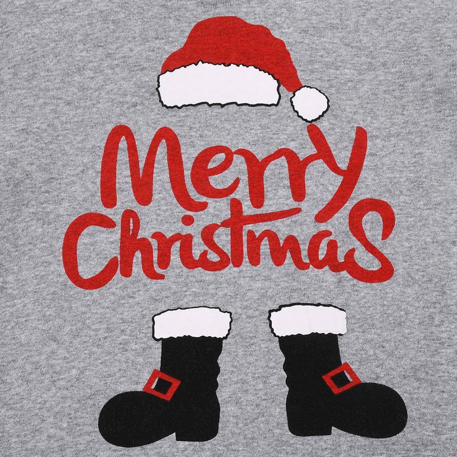 Ein festliches Bild mit einer Weihnachtsmannmütze, dem Text ‚Frohe Weihnachten' in Rot und einem Paar Weihnachtsmannstiefel auf einem grauen Hintergrund.