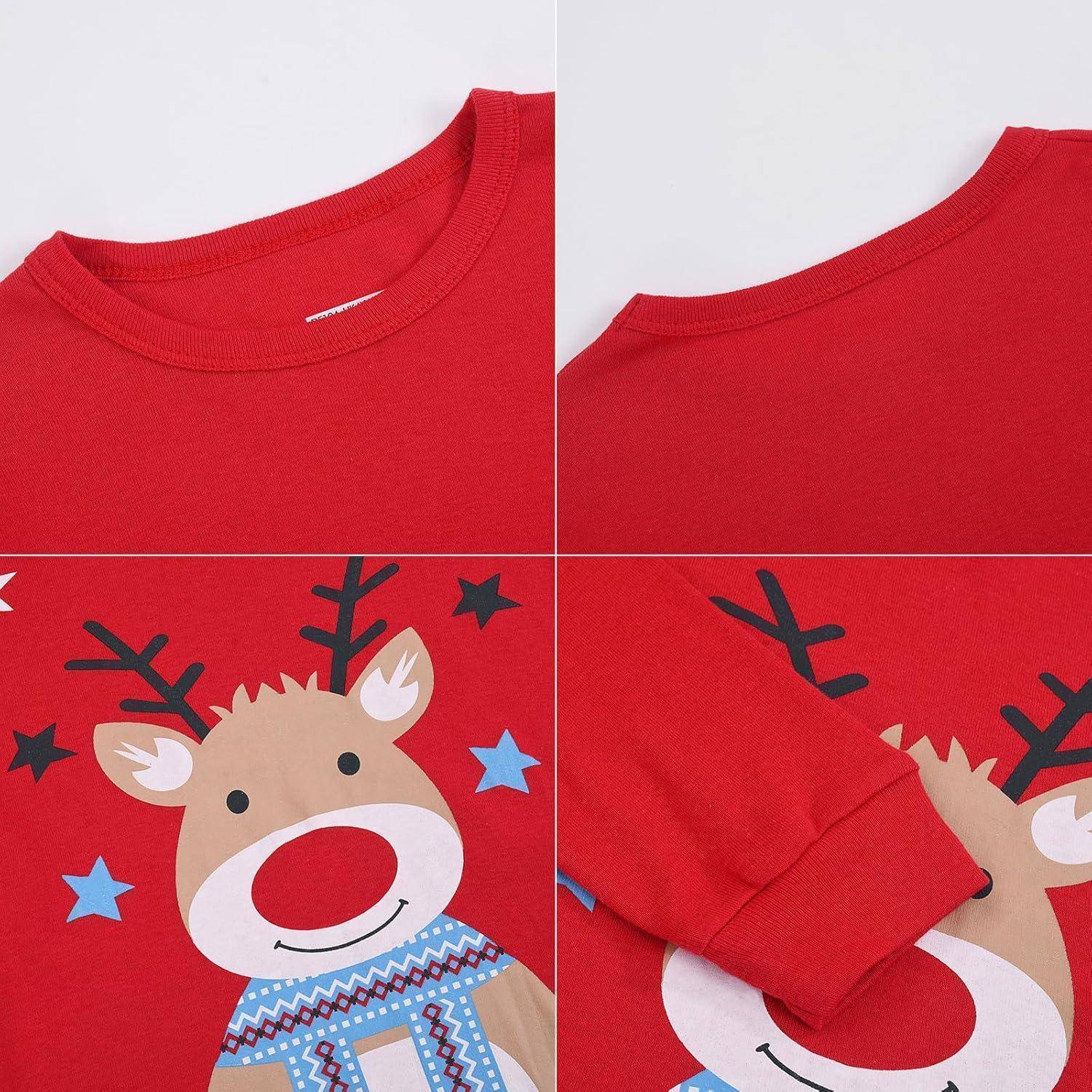 Rot-weihnachtlicher Pullover mit einem Rentier mit Geweih, Sternen und Schneeflocken-Muster. Abschnitte zeigen Ausschnitt, Ärmel und Design.