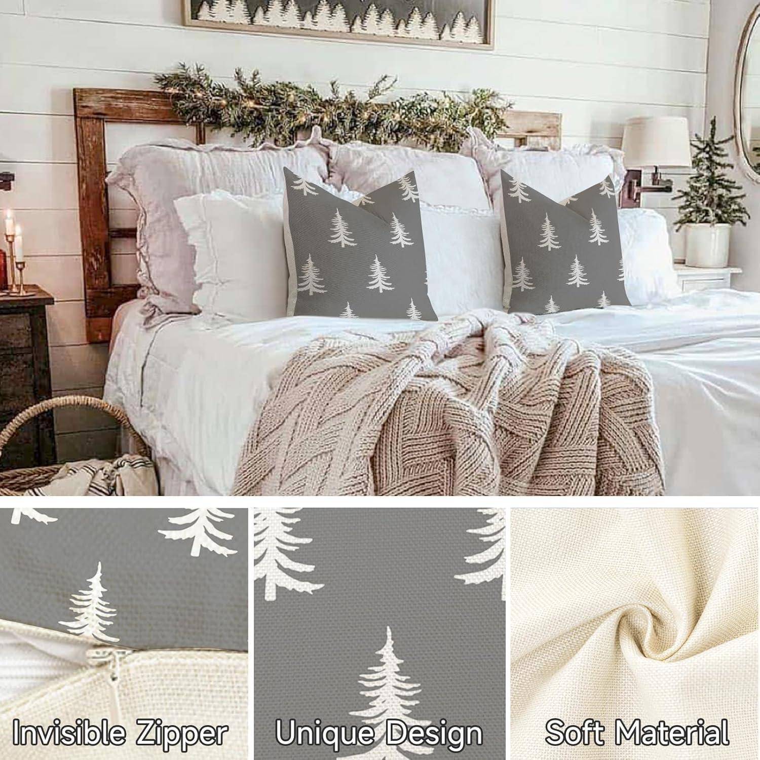 Schlafzimmer mit einem rustikalen Holzbett, weihnachtlich gestalteten Kissen und gemütlichen Decken. Detailaufnahmen zeigen Kisseneigenschaften: „Unsichtbarer Reißverschluss